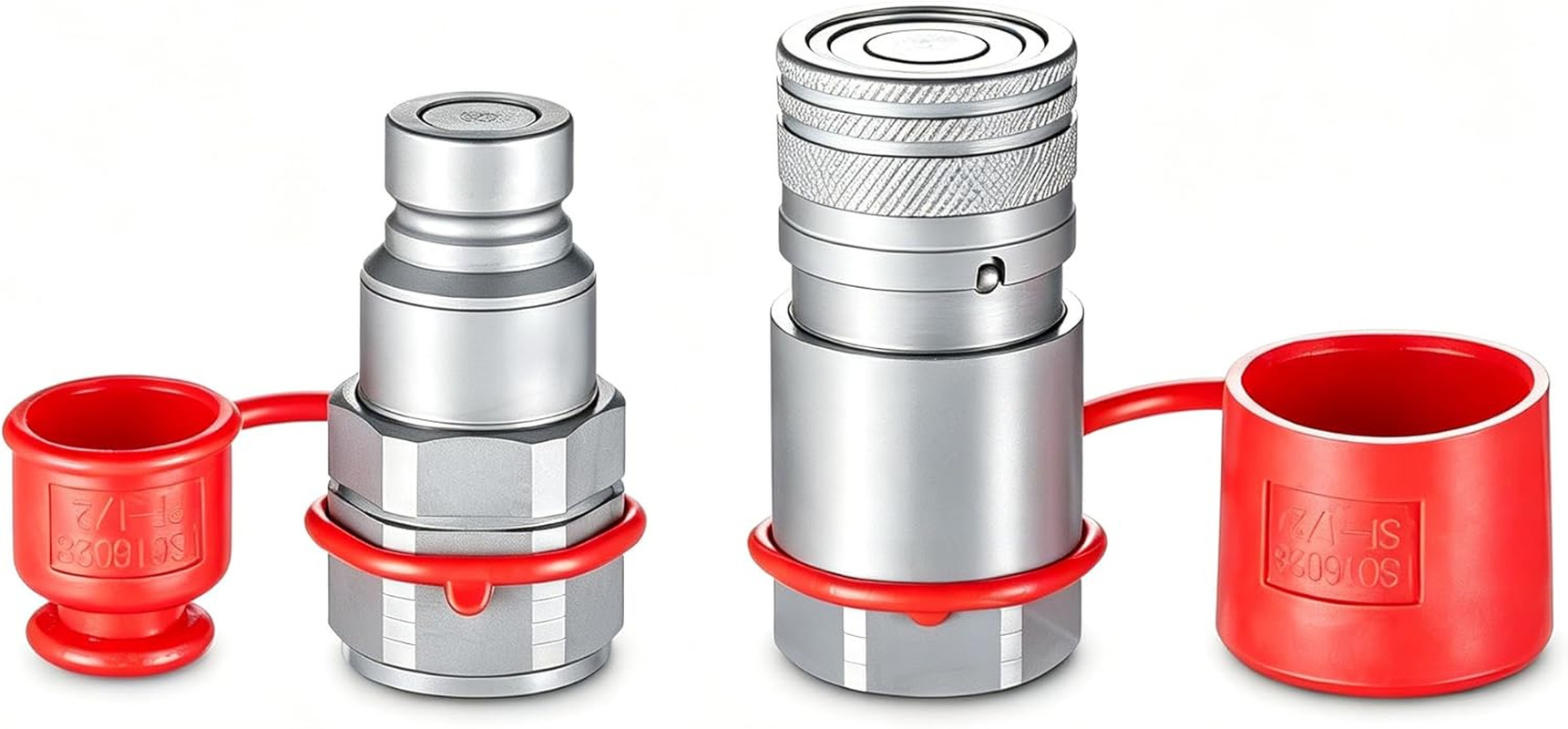Flat Face Hydraulic Quick Connect Fittings, 1/2” NPT Skid Steer Hydraulic Couplers Set W/Dust Caps, 1 Set