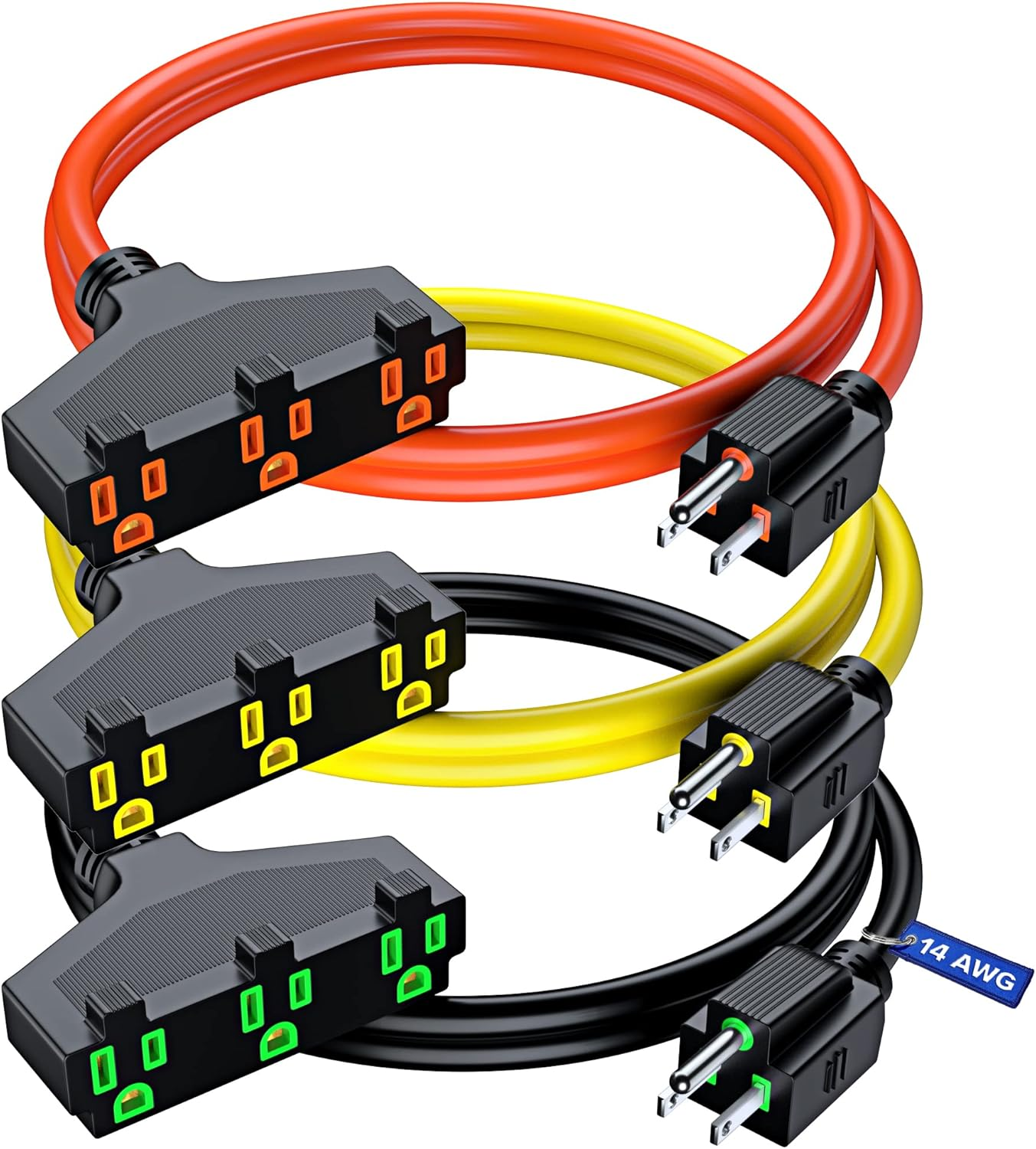 Extension Cord 1.5 Feet, SJTW Extension Cord with Multiple Outlets, 14 Gauge (Orange, Yellow, Black, 3 Pack) ETL Listed