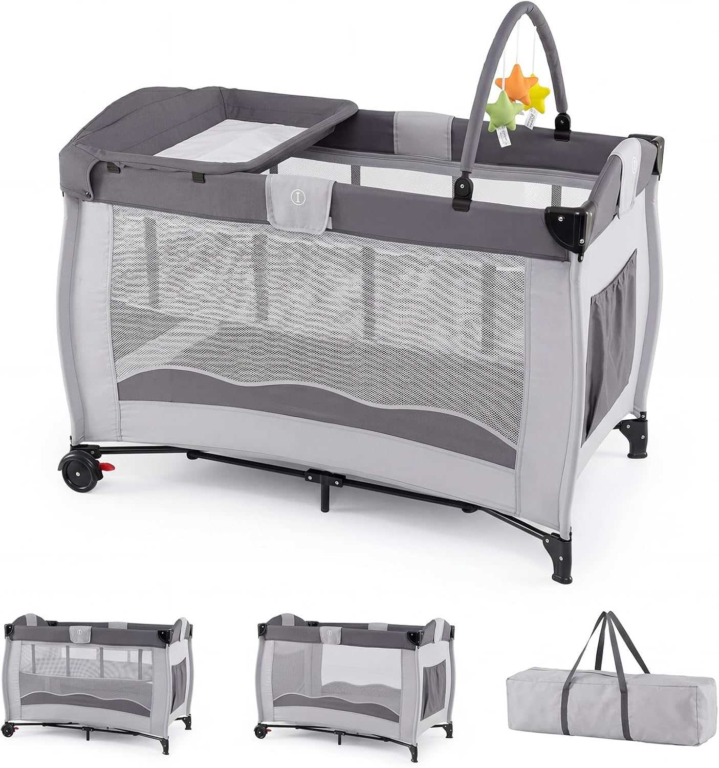 4 in 1 Travel Cot, Portable Baby Bassinet with Diaper Changing Table, Mattress, 3 Hanging Toys, Storage Pocket & Carry Bag, Folding Infant Playard from Newborn (Grey)