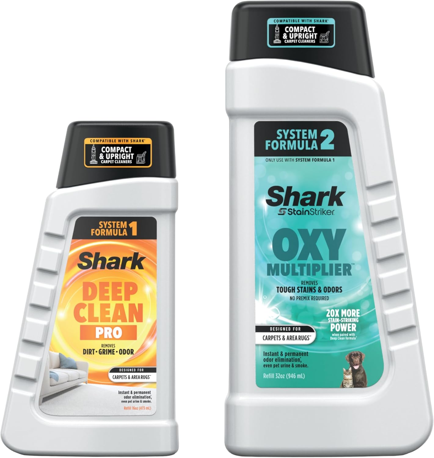 Shark Stainstriker Cleaning Solution Bundle for Portable Cleaners, Carpet and Area Rug Formula, Instantly Eliminates Odors, Includes 32 Oz OXY Multiplier and 16 Oz Deep Clean Solution, PXCMBUNDLE