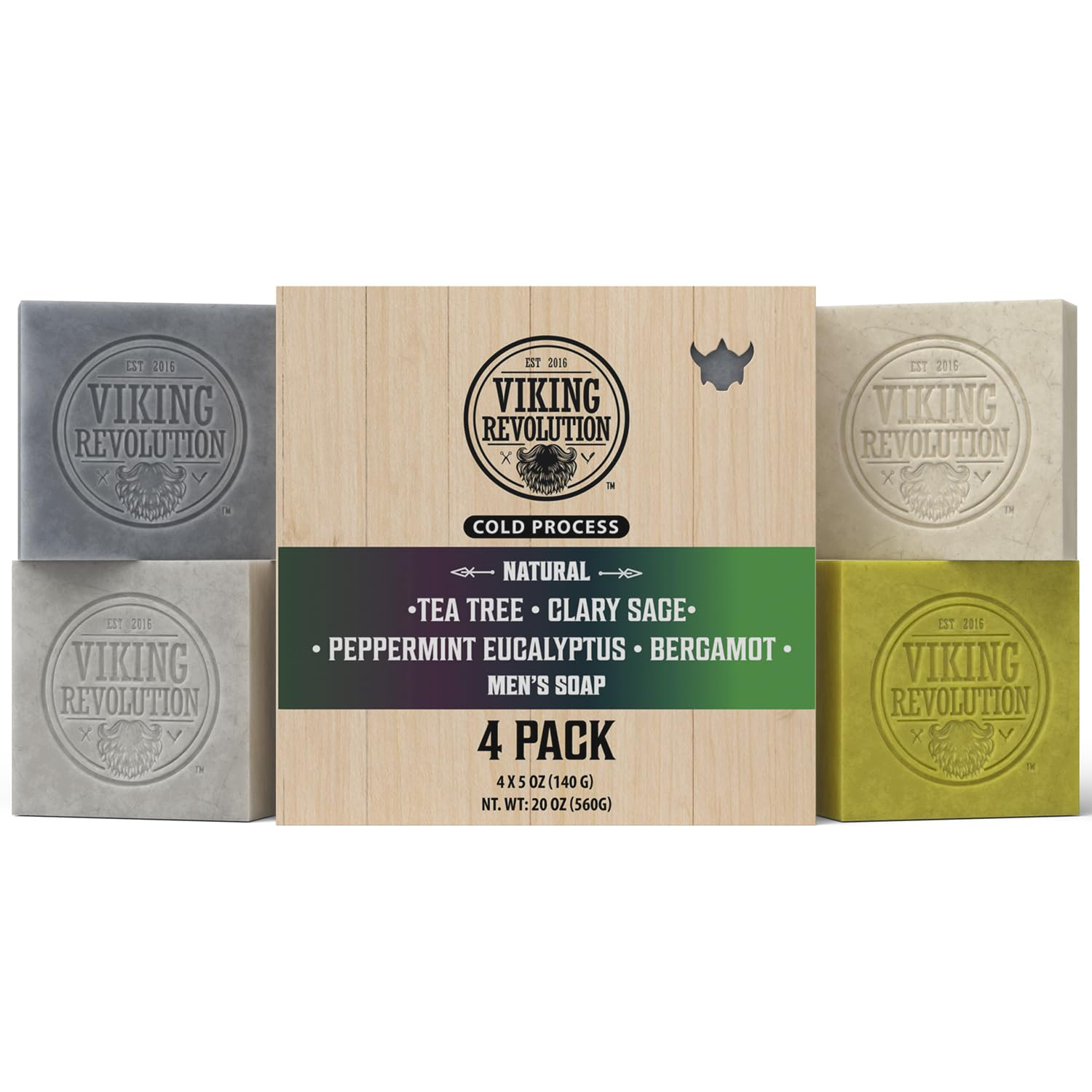 Natural Soap for Men - Mens Soap Bar with Essential Oils Cold Pressed Bar Soap for Men - Nourishing Soap with Tea Tree, Clary Sage, Peppermint Eucalyptus, Bergamot (4 Pack)