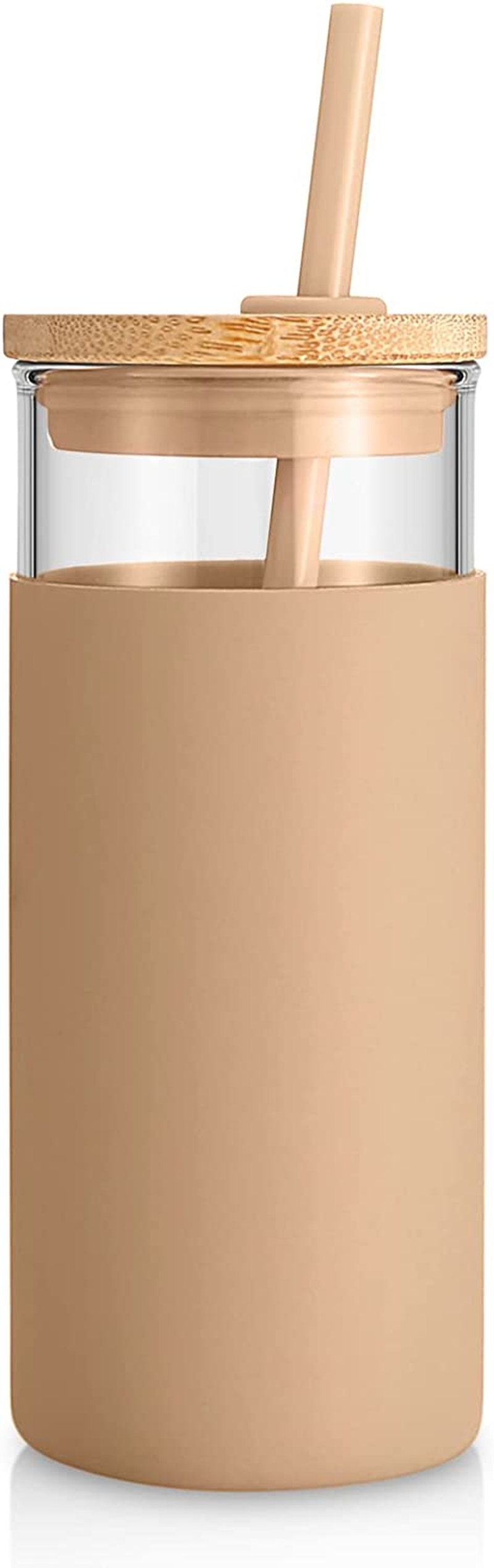 Tronco 20 Oz Glass Tumbler with Lid & Straw - Iced Coffee Cup & Smoothie Cup with Silicone Sleeve | Bpa-Free, Dishwasher Safe | Reusable Glass Cups with Bamboo Lids and Straws (Amber, 1 Count)