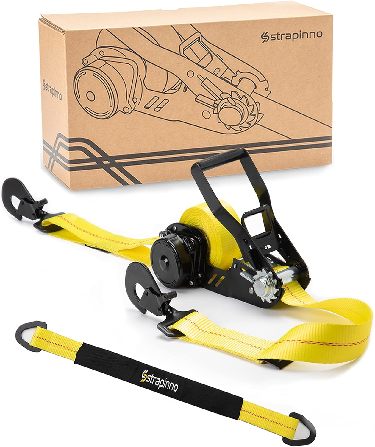 Retractable Ratchet Tie-Down Strap 2In X 16Ft Heavy-Duty with Snap Hooks, 10,000Lbs Breaking Strength, 3,333Lbs Working Load Limit, Includes 36In Axle Strap (1 PC)
