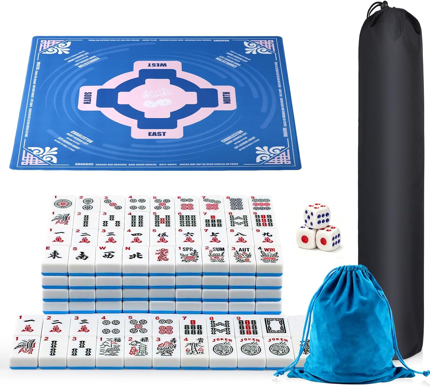 American Mahjong Set, 166 Blue Mahjong Tiles, 1.2 Inch American Mahjong Tiles Set, Mahjong Set with Mahjong Mat, Mahjong Mat Storage Bag and Mahjong Storage Bag