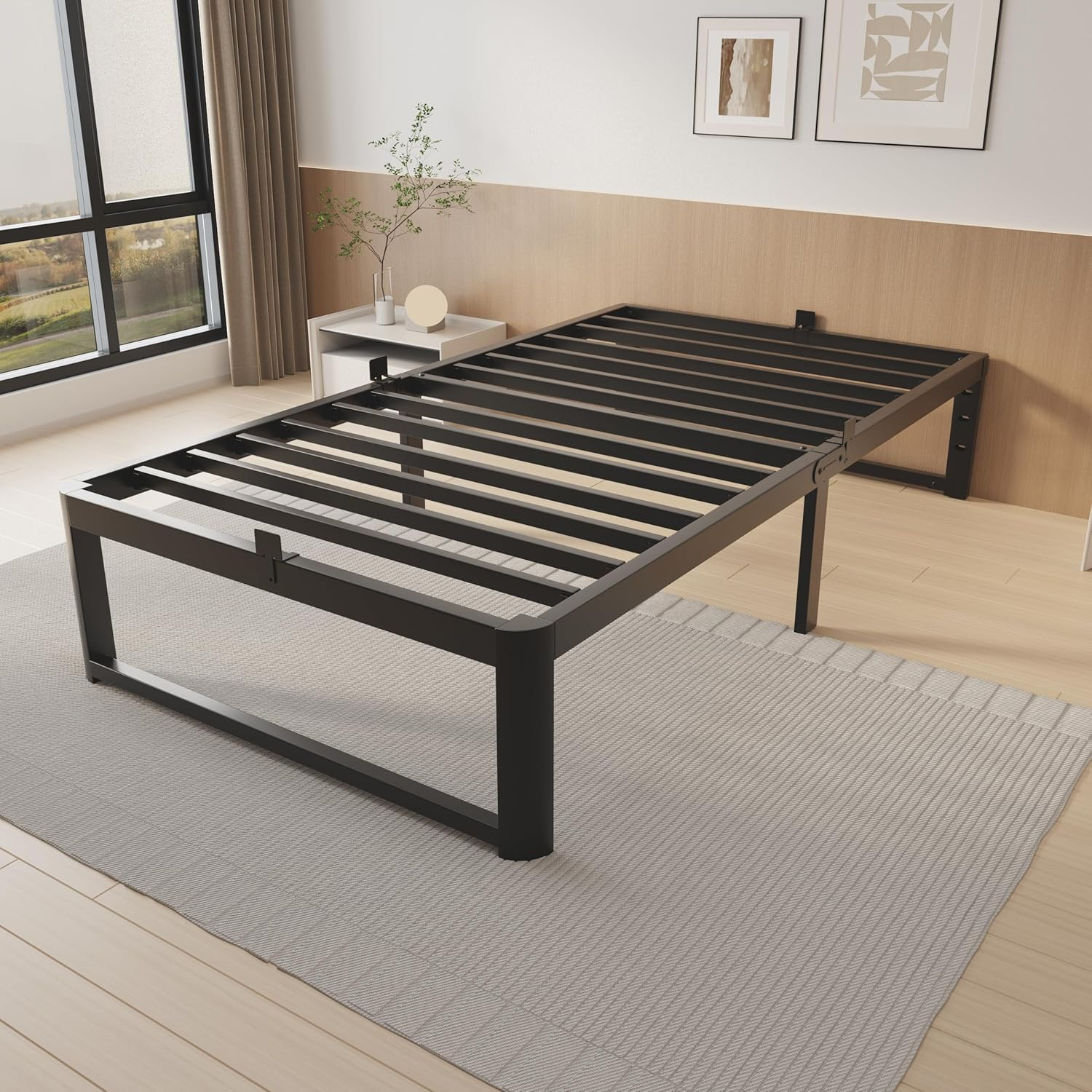 14 Inch Twin Size Bed Frame with Metal Gaskets, No Box Spring Needed, DIY Headboard, Heavy Duty Steel Slat Support, Anti-Slip Mattress Stopper, round Corner Leg, Easy Assembly, Black