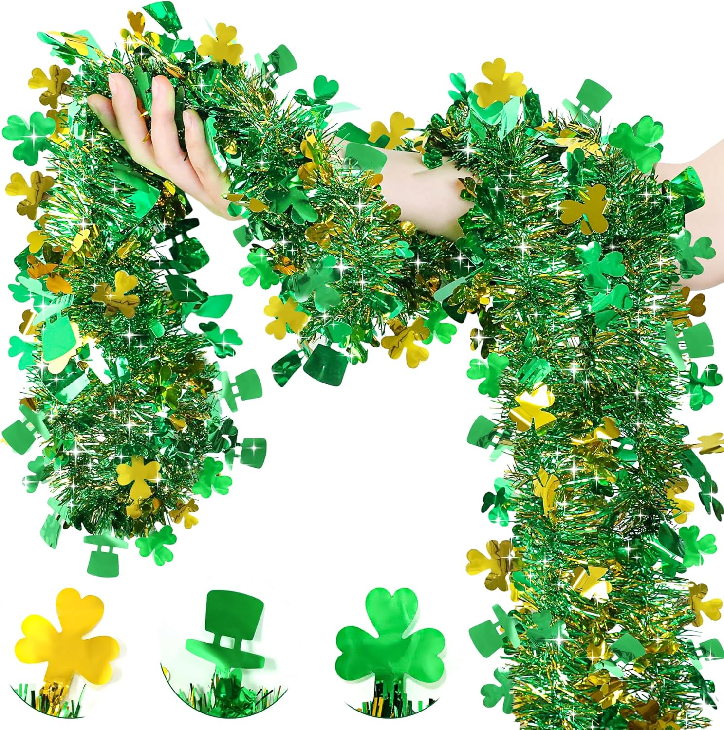 33 FT St Patricks Day Garland Decor Gold Green Shamrock Hat Tinsel Garland, Shiny Metallic Streamer Twist Garland Hanging St Patricks Day Decorations for Home Indoor Outdoor Irish Party Supplies