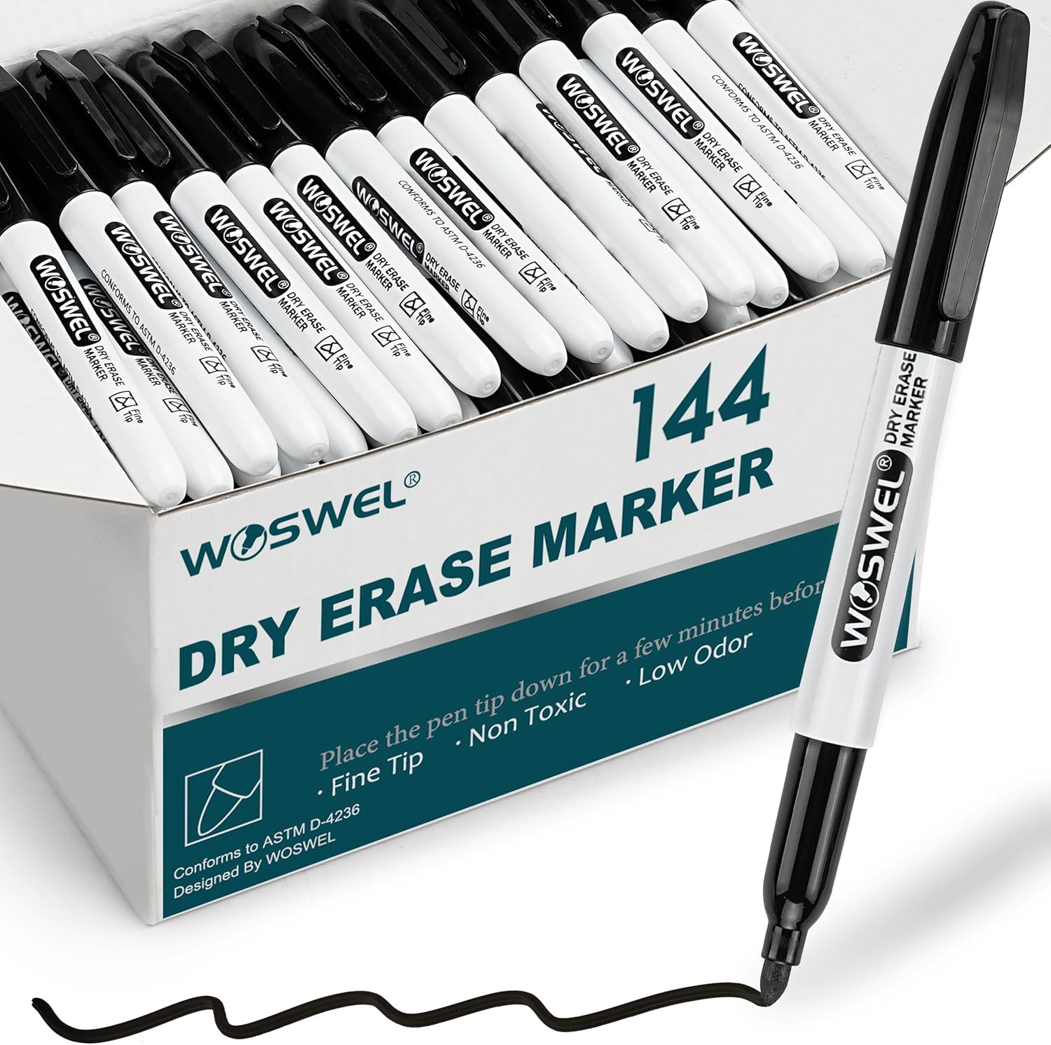 Dry Erase Markers Bulk, 144 Pack Black Fine Tip Whiteboard Markers, Fine Point, Low Odor Dry Erase Markers for School Office Home