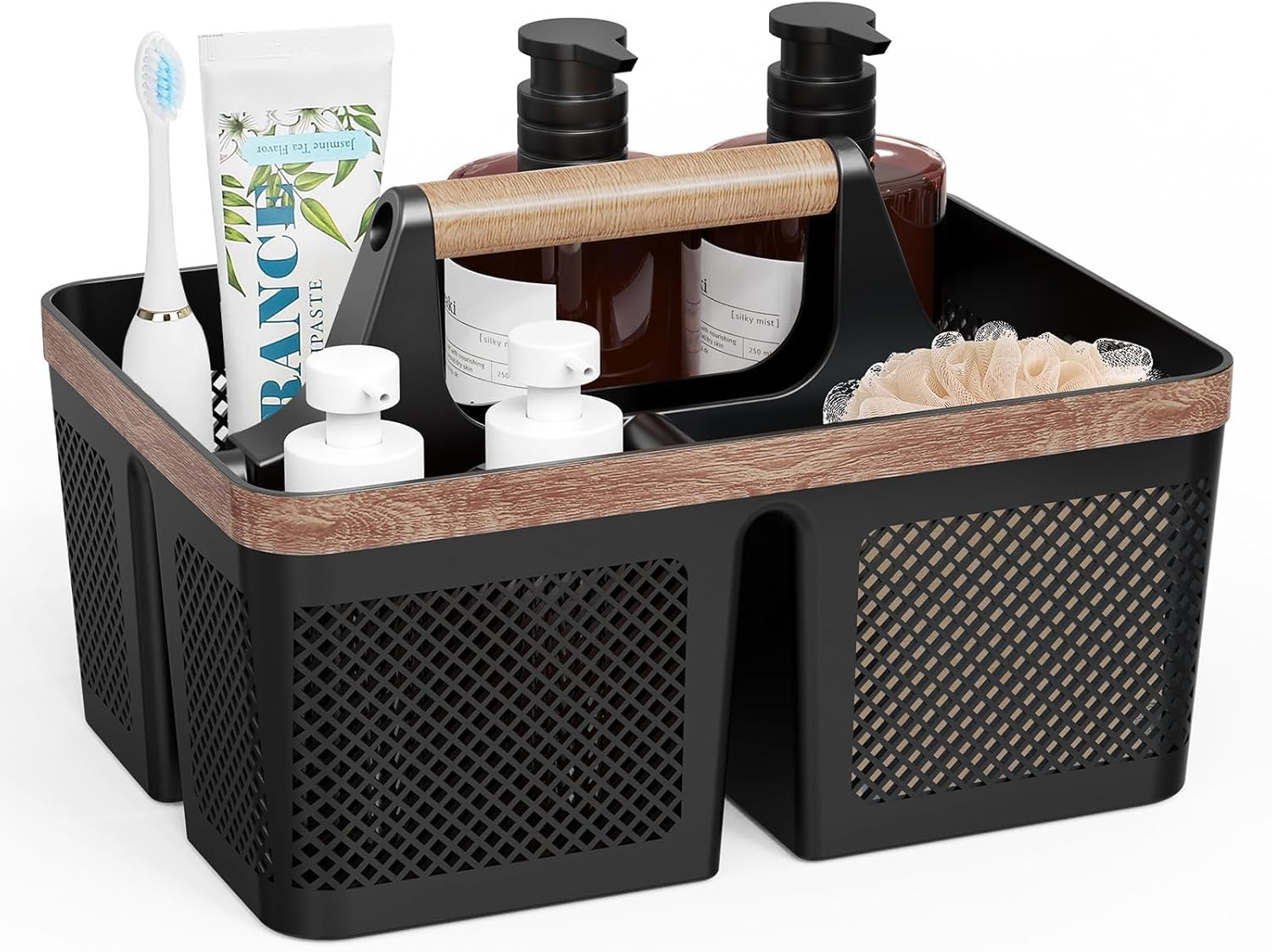 Bathroom Caddy Organizer with Handle and Holes, Plastic Shower Caddy Portable for College Dorm, Shower Basket for Toiletry, bathroom Storage Tote for Men, Cleaning Basket, Black/wood grain
