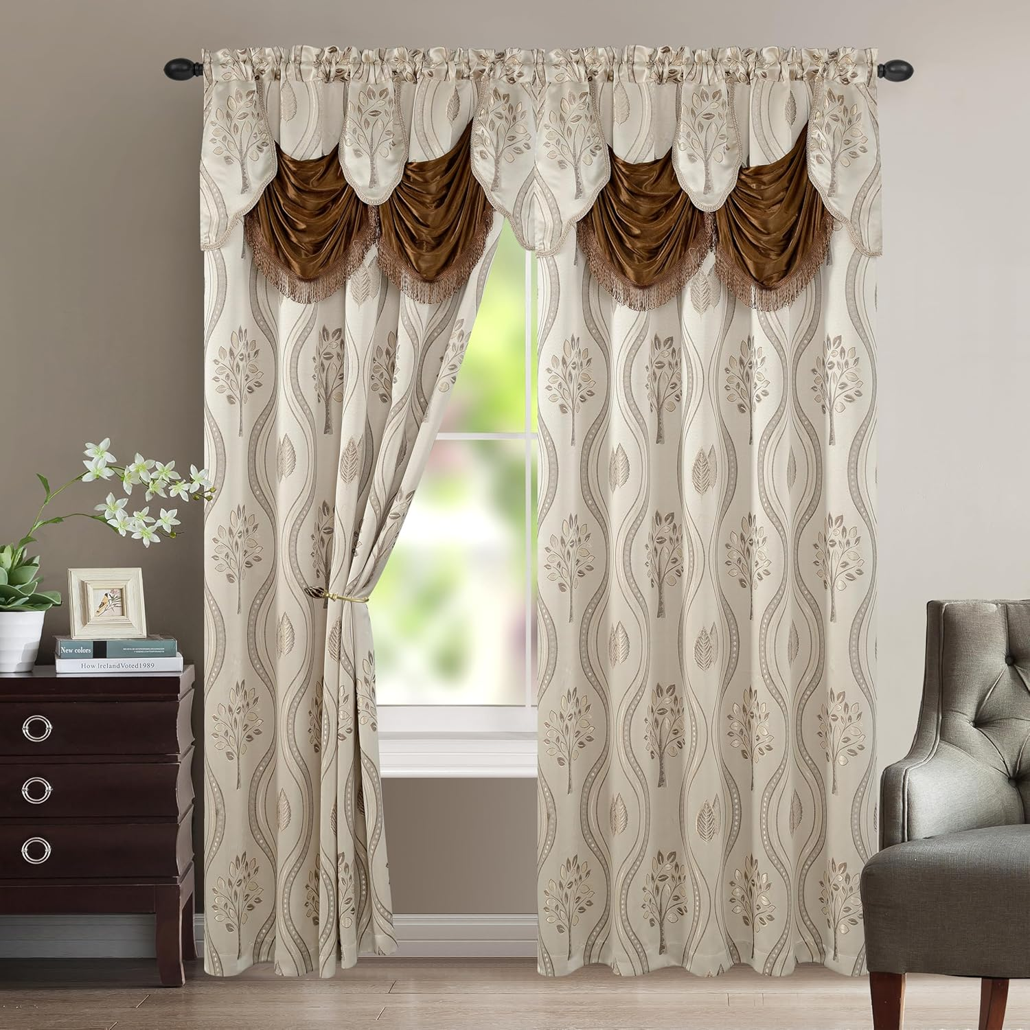 Luxurious Beautiful Curtain Panel Set with Attached Valance and Backing 54