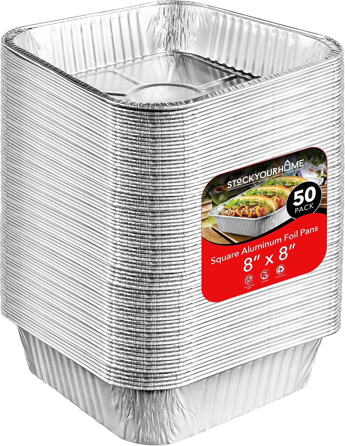 8X8 Foil Pans (50 Pack) 8 Inch Square Aluminum Pans - Foil Pans - Disposable Food Containers Great for Baking Cake, Cooking, Heating, Storing, Prepping Food