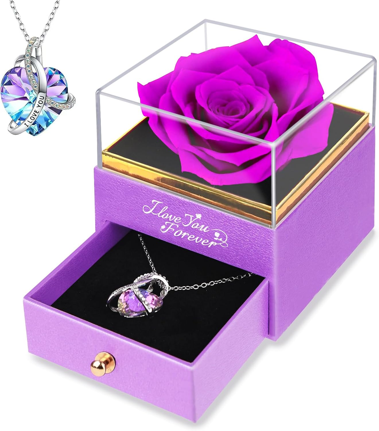 Preserved Flowers Gifts for Women: Single Rose Purle with Necklace
