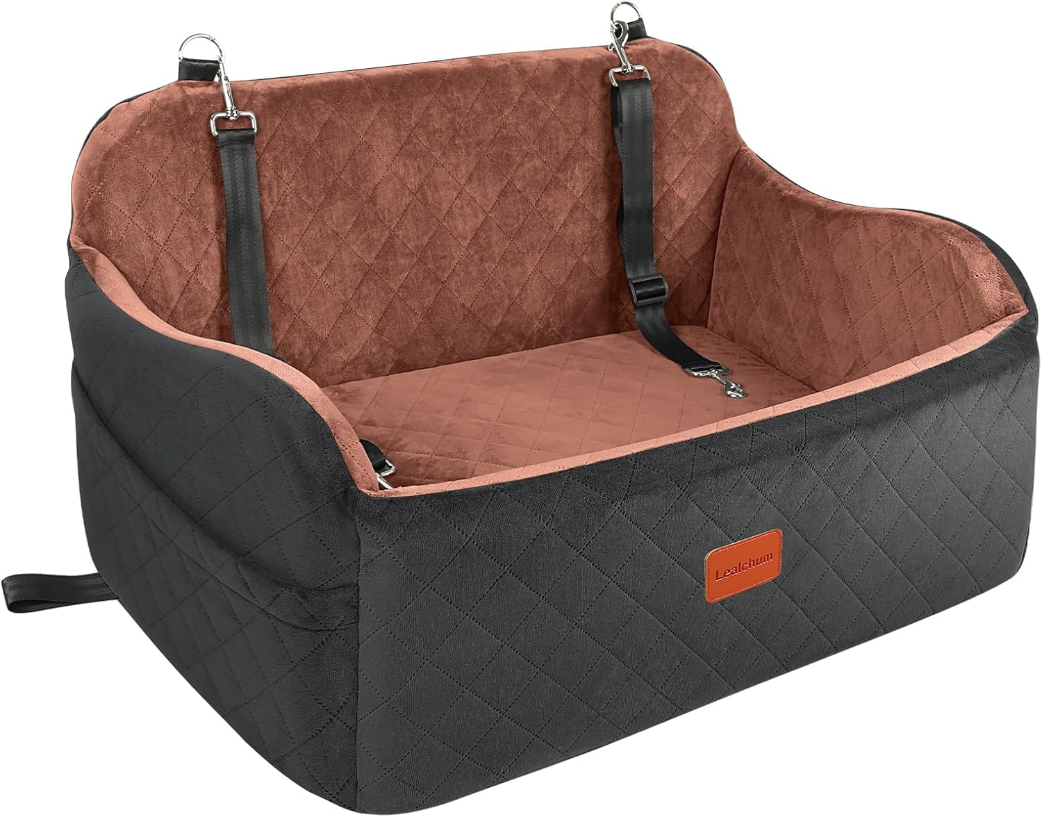 Dog Car Seat for Large Size Dog,Soft Fabric Vehicle Dog Bed Filling Memory Foam,Car Seat for Dogs with 2 Clip-On Dogs Leashs,Removable and Washable Comfy Pet Car Seat(Black/Brown, Large)