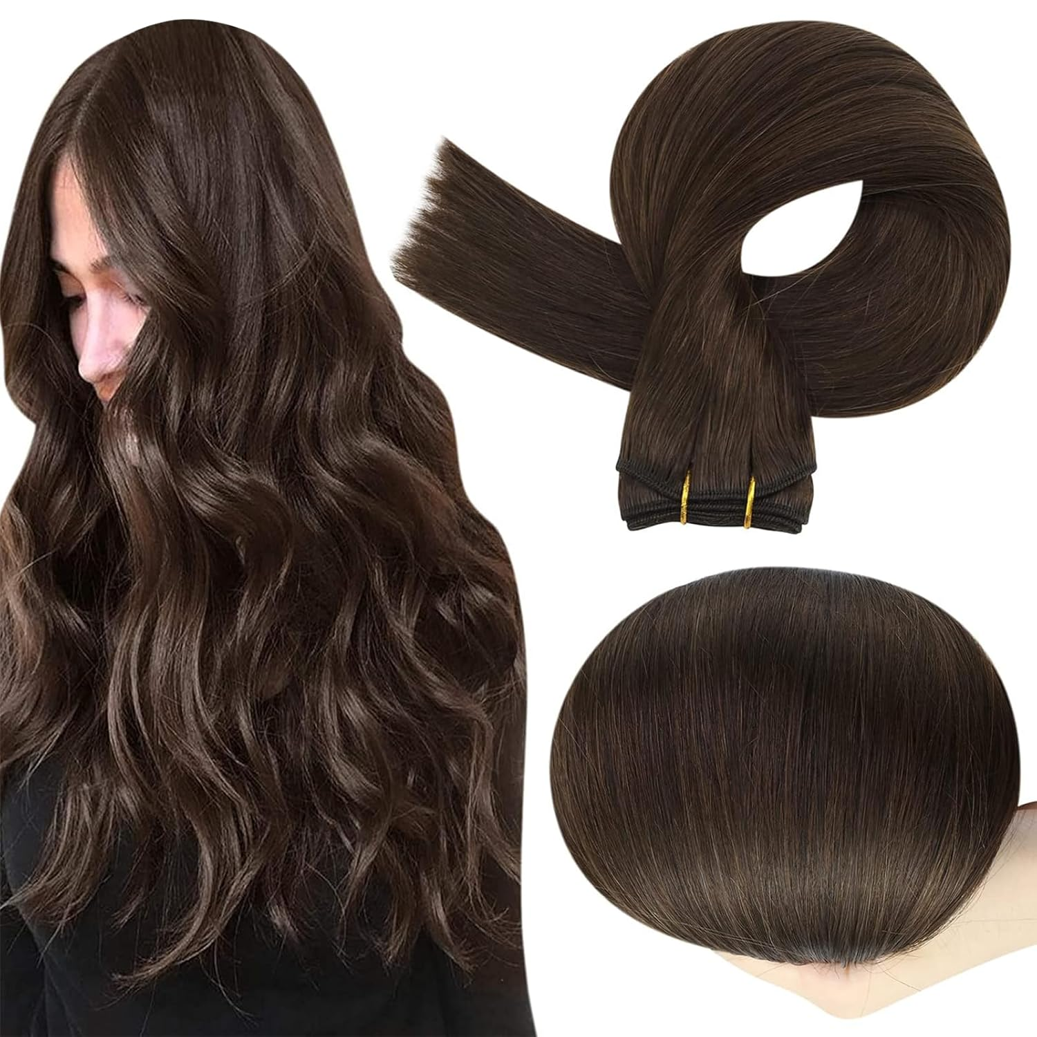 Full Shine Straight Remy Hair Weft Extensions Sew in Weft Hair Extensions Full Head Double Weft Hair Color 2 Darkest Brown Weft Bundles 105 Grams 18 Inch Sew in Extensions Soft