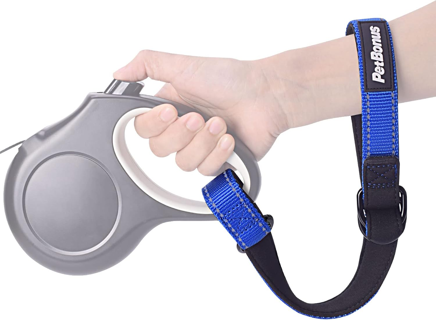 Petbonus Short Dog Leash, Safety Wrist Strap for Retractable Dog Leash, Reflective Design and Adjustable Soft Padded Handle, Extra Layer Security for Pet Stroller (Blue) 1 Pack