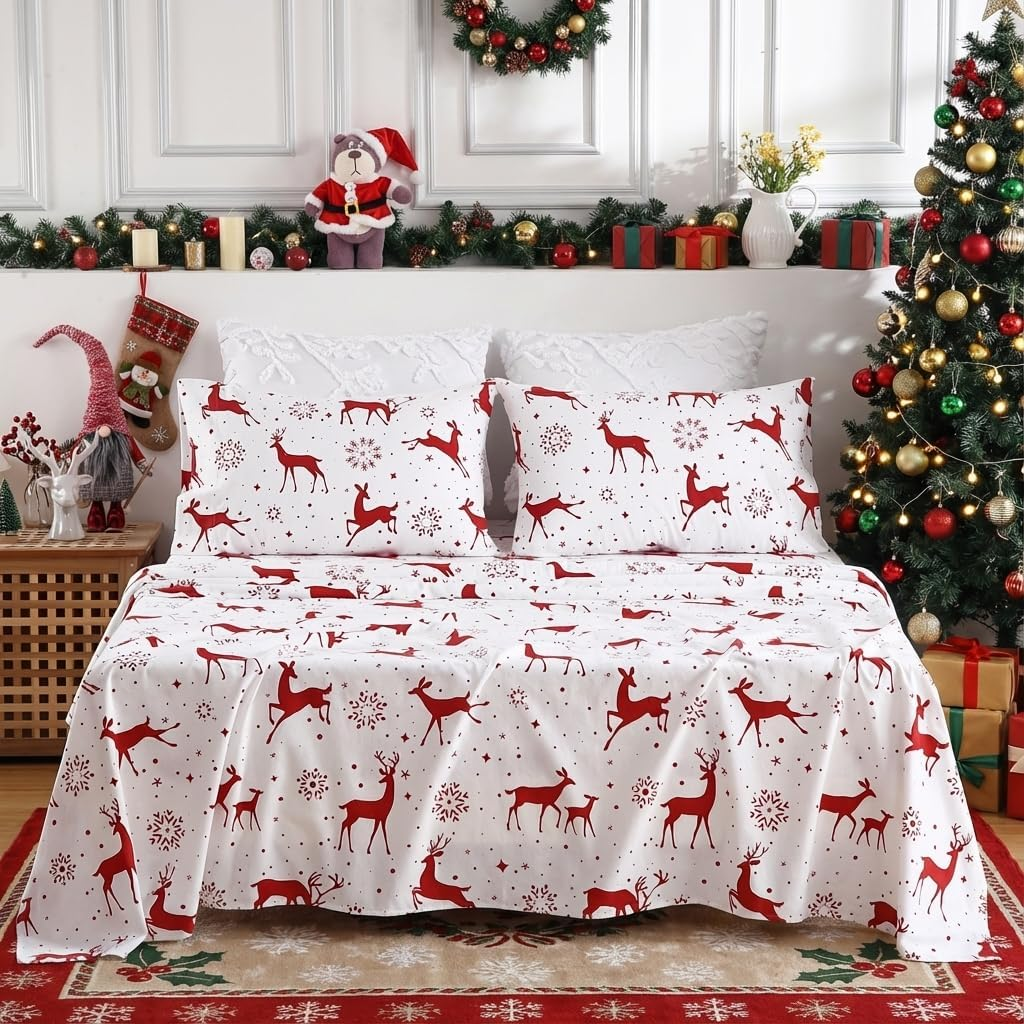 Christmas Flannel Sheets King, 100% Cotton Holiday Bed Sheet Set, Deep Pocket Fitted Sheet, Soft Warm Brushed Christmas Sheet (King Size, Red Christmas Deer)
