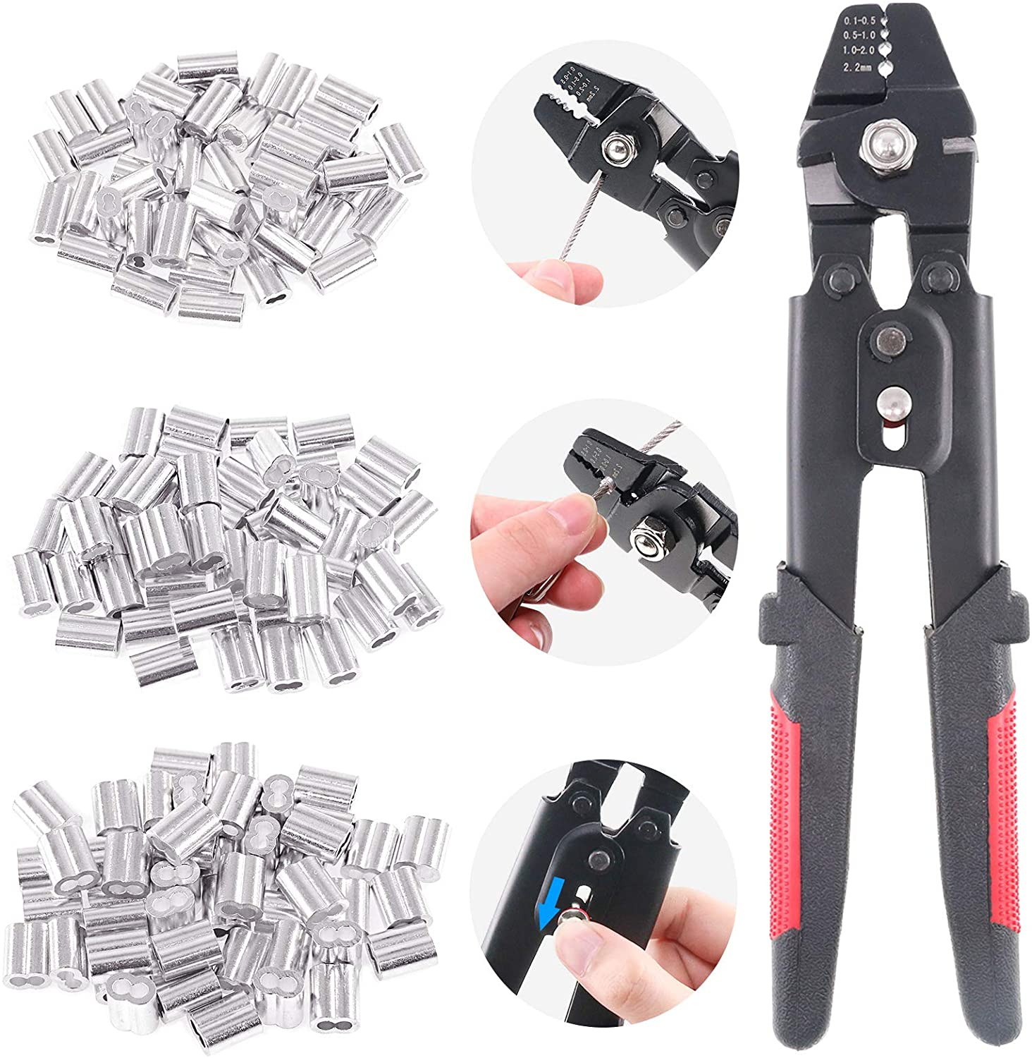 Up to 2.2mm Wire Rope Crimping Tool Wire Rope Swager Crimper Fishing Crimping Tool with 180Pcs 1.2/1.5/2mm Aluminum Double Barrel Ferrule Crimping Loop Sleeve Kit
