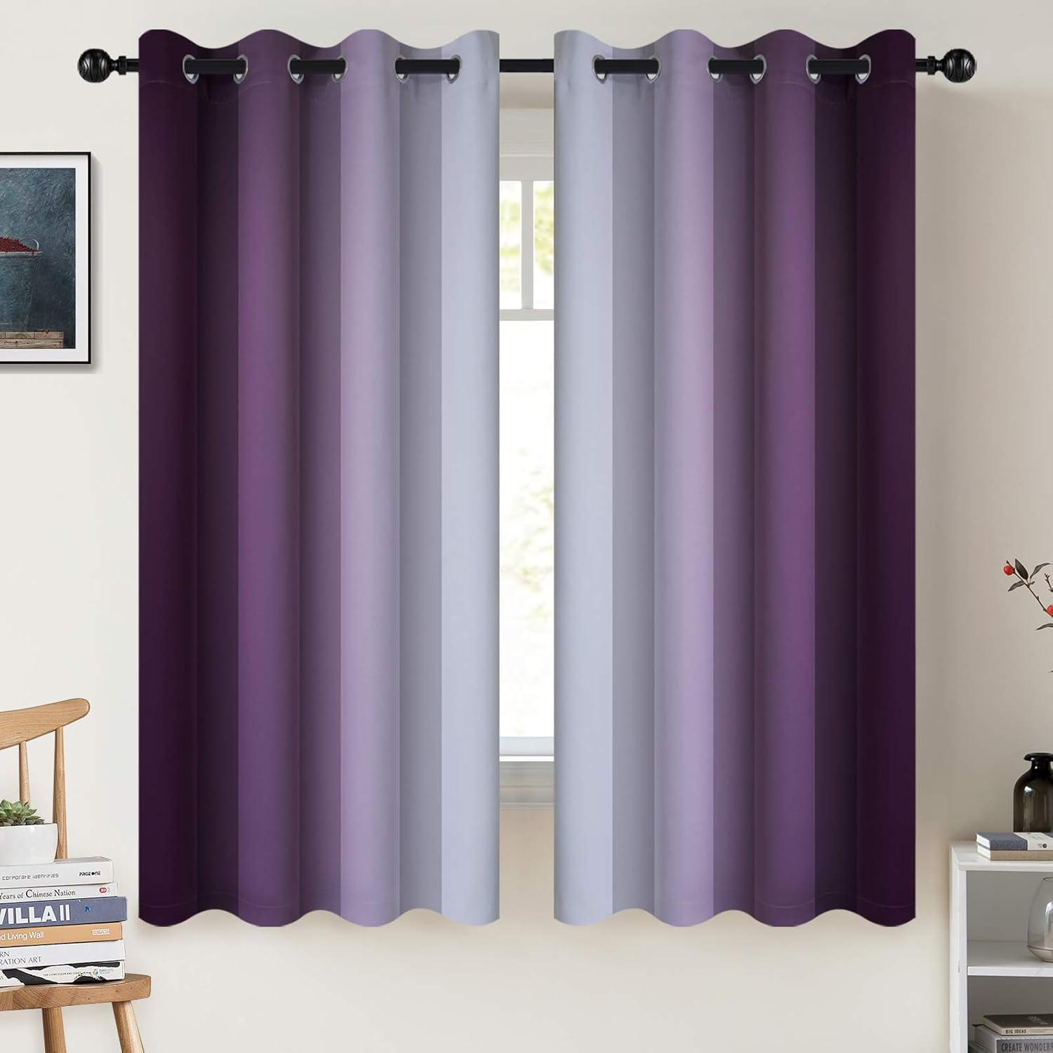 Grommet Ombre Room Darkening Curtains 63 Inch Length, Purple and Greyish White Gradient Drapes Light Blocking Insulated Thermal Window Curtains for Bedroom/Living Room,2 Panels,52X63 Inches