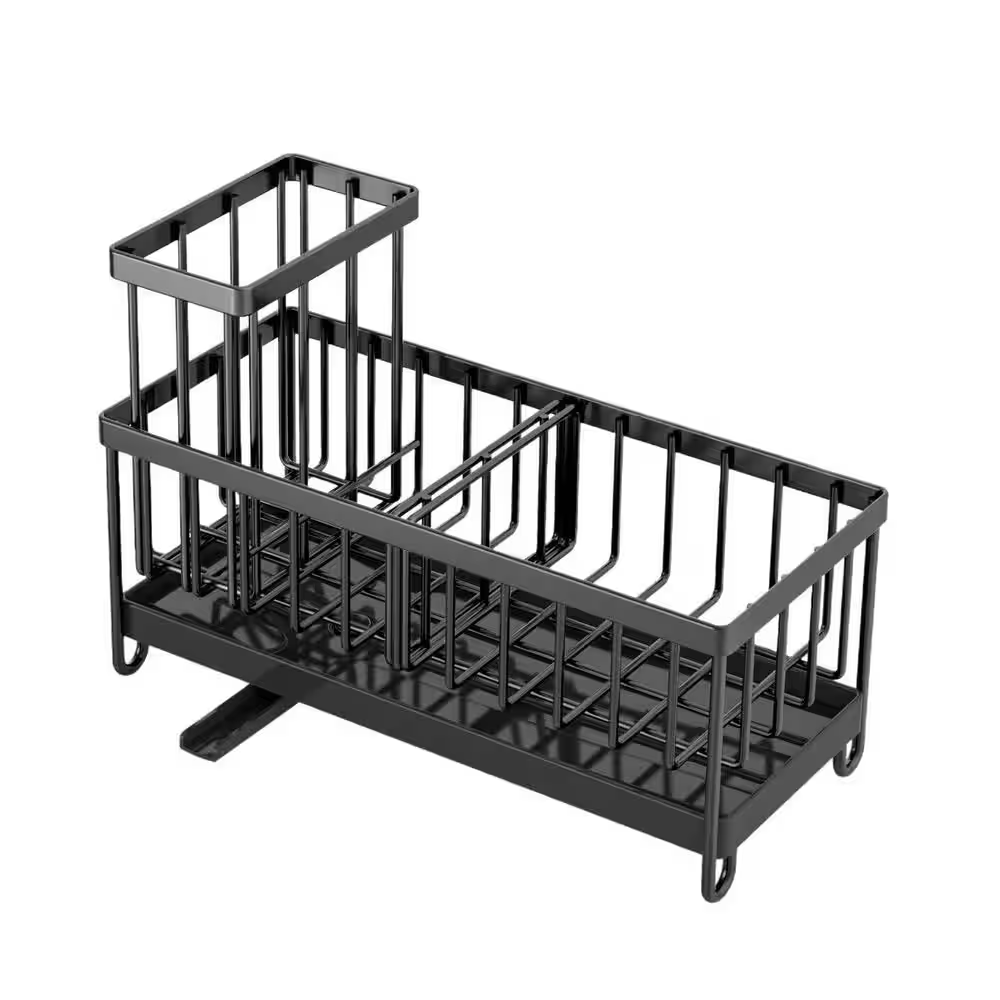 Black Kitchen Sink Sponge Holder, Soap Dish and Brush Drain Storage Organizer Dish Rack