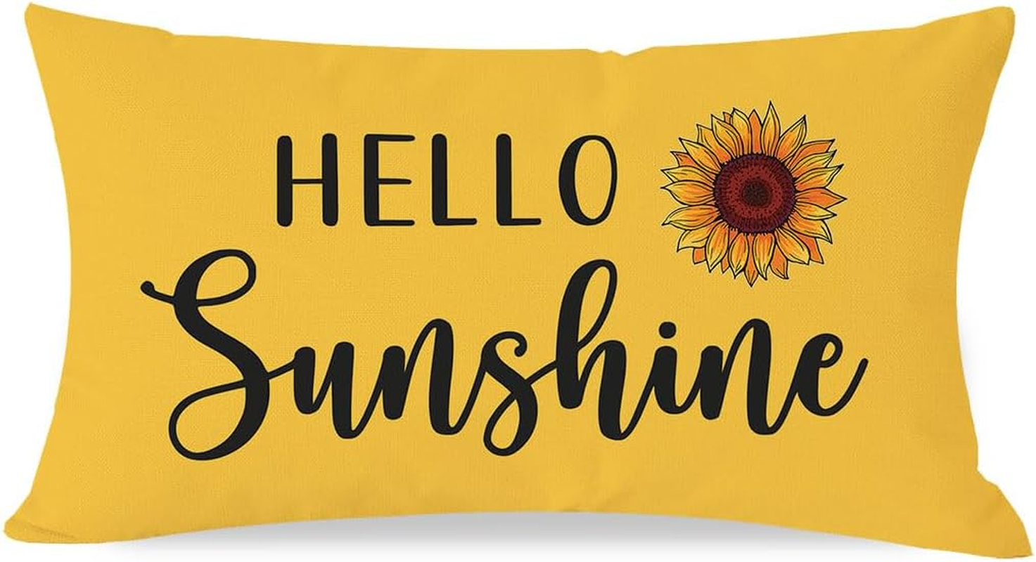 Spring Summer Yellow Throw Pillow Cover 12x20 Inch Hello Sunshine Sunflower Outdoor Farmhouse Decorations Lumbar Decorative Cushion Case for Home Living Room Sofa Couch Patio Porch Decor