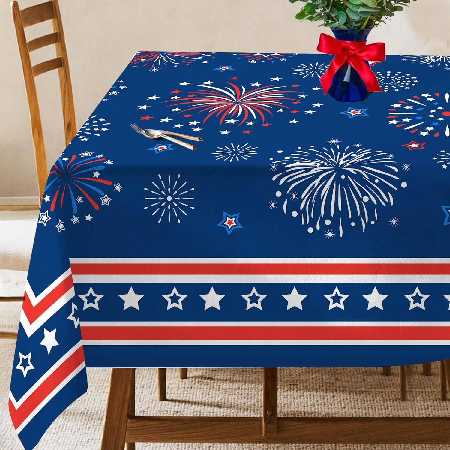 4Th of July Tablecloth, Patriotic Tablecloth Rectangle 60X84 Inch, Red and Blue Stars Indoor or Outdoor American Flag Independence Day Kitchen Table Decorations for Dinner