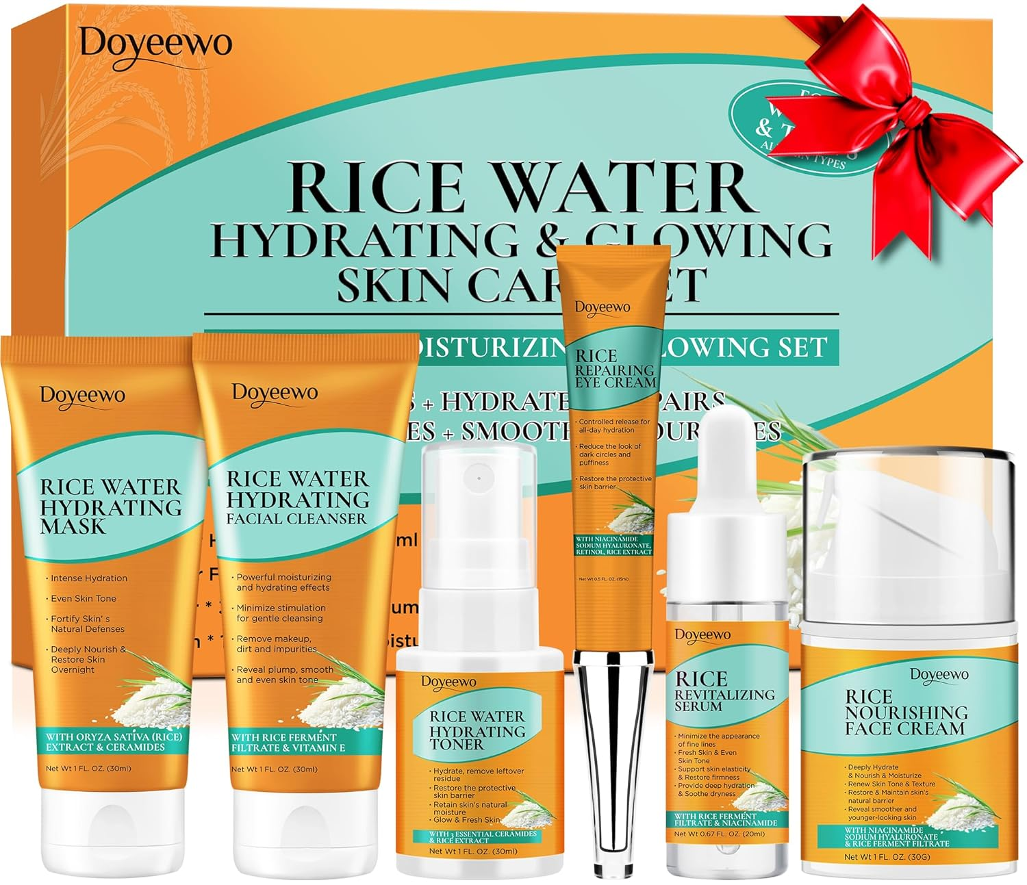 Skin Care Set,6Pcs Women Teen Glass Skincare W/Korean Rice Extract,Hydrate Glow Repair Anti-Aging Facial Routine Kit Gift for Women Mom Wife Teenage Girl Trendy Stuff Christmas Gifts Stocking Stuffers
