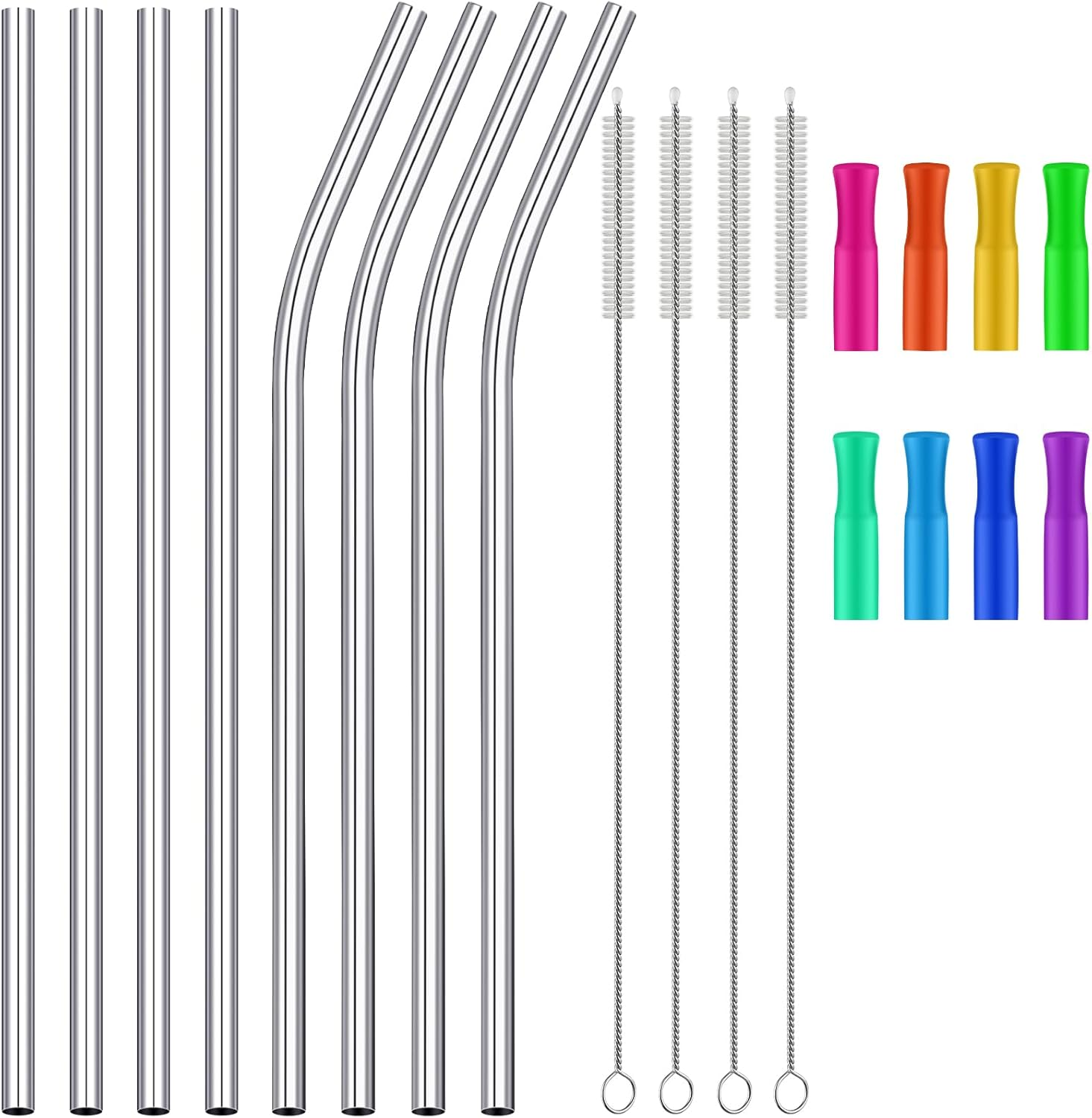 20 Pieces 14 Inch Stainless Steel Straws Extra Long Reusable Metal Drinking Replacement Straws for 40Oz 100 Oz Tumblers with Silicone Tips and 4 Pieces Cleaning Brush