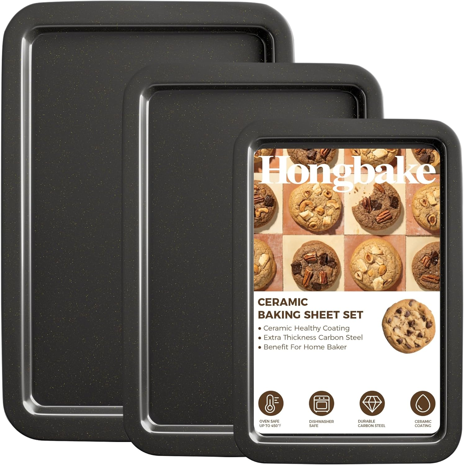 Ceramic Baking Sheet Pan Set, Cookie Sheet for Oven, Bakeware Sets with Wider Grips, 3 Pack Half/Jelly Roll/Quarter Baking Tray, Premium, Dishwasher Safe - Dark Grey