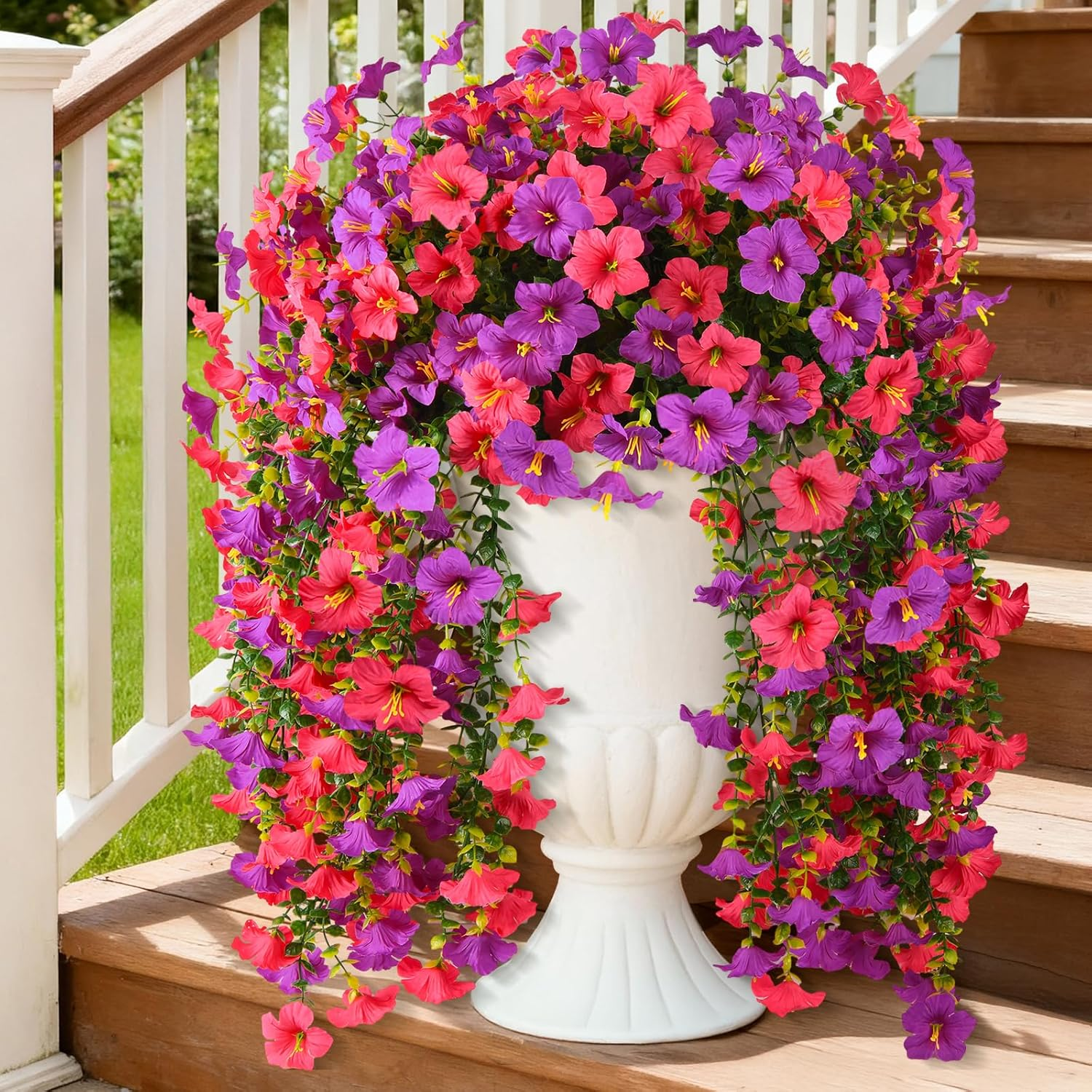 Artificial Fake Hanging Flowers Plants for Outdoor Spring Decoration,2 PCS Faux Silk Morning Glory with Eucalyptus Leaves,Uv Resistant Realistic Trailing Vines for Balcony Porch Patio Yard Garden