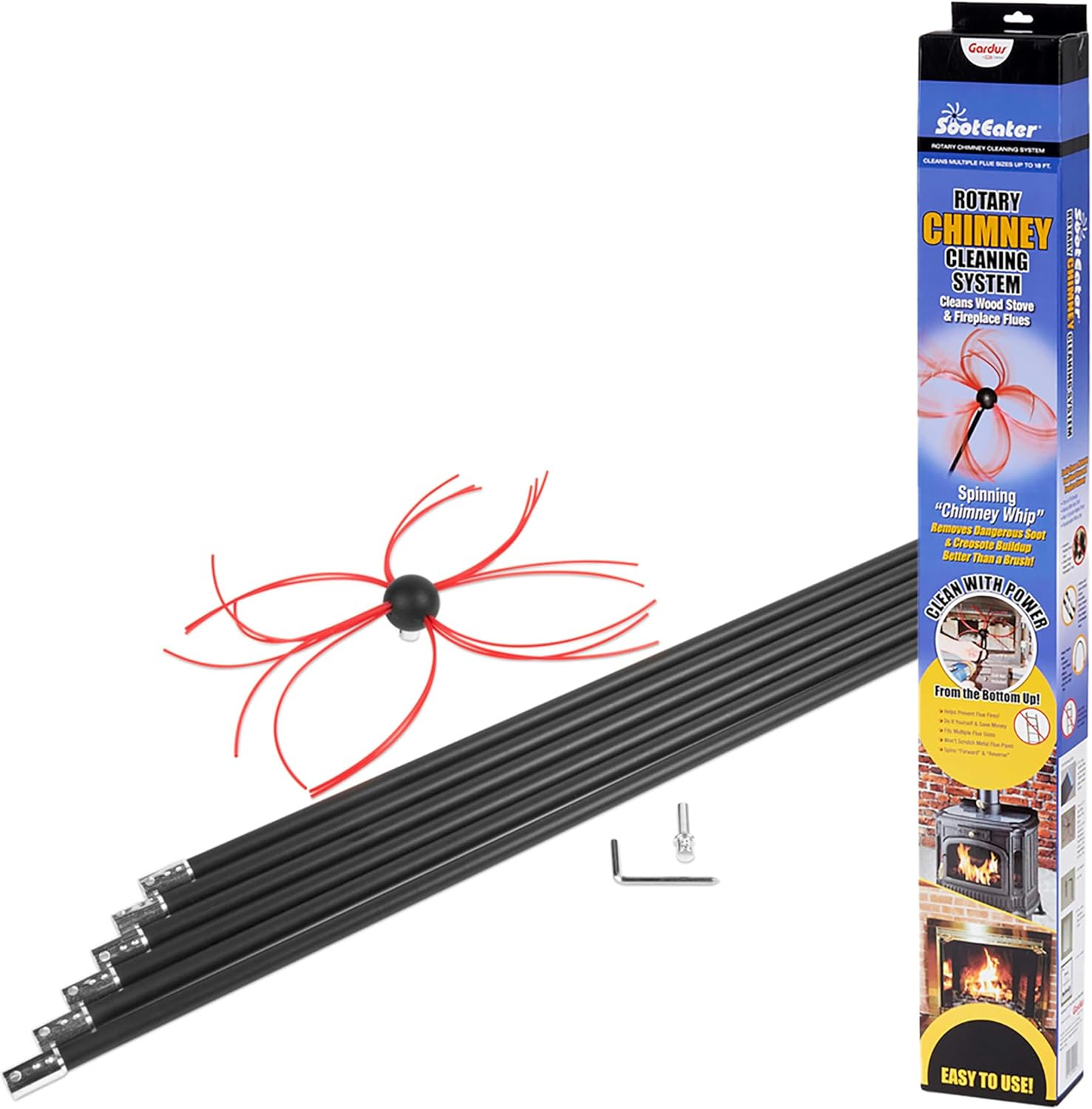 Sooteater Rotary Chimney Cleaning System - RCH205-B Chimney Sweep Kit, Cleans Open Chimneys up to 18' with 6 Flexible 3' Rods, Chimney Cleaning Kit with Trim-To-Fit Spinning Chimney Whip
