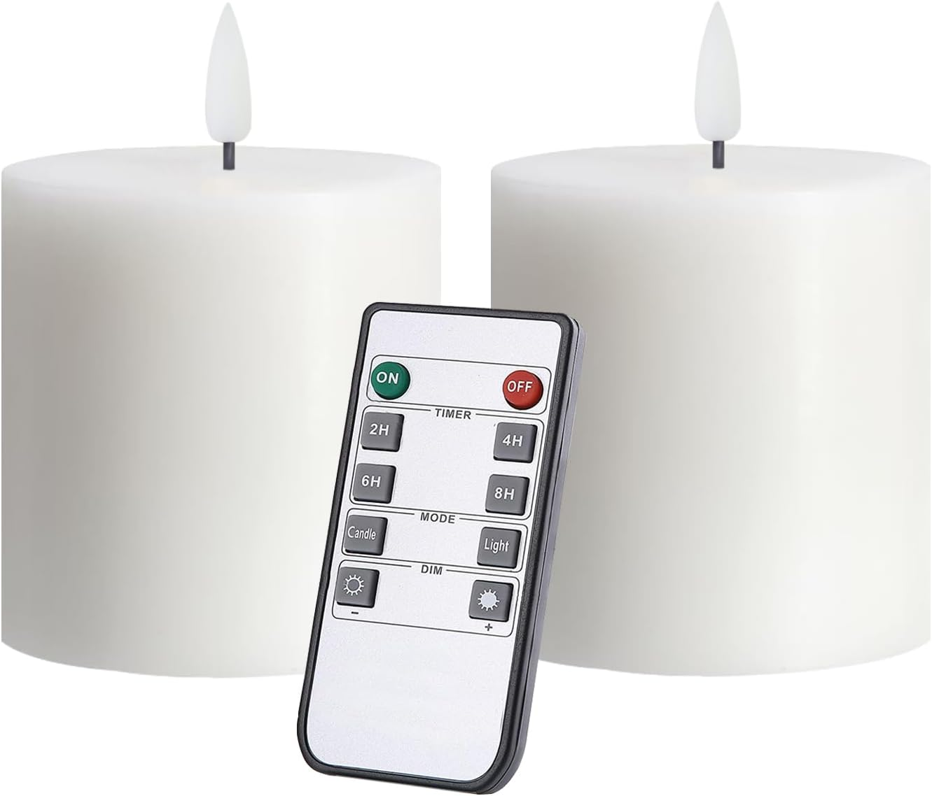Flameless Candles Set of 2 (3X3 Inch) Flickering LED Real Wax Candles Battery Operated with Remote Control Timers for Fireplace Bedroom Livingroom Party Dimmable White Pillars Flat Top