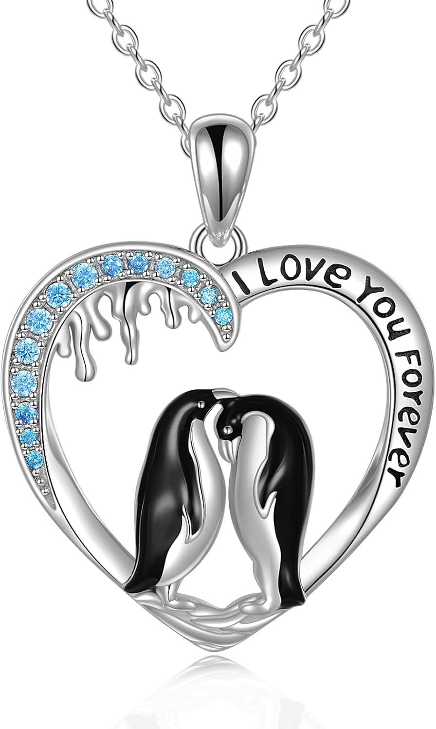 Penguin Necklace I love you Heart CZ Pendant Gifts for Women 925 Sterling Silver