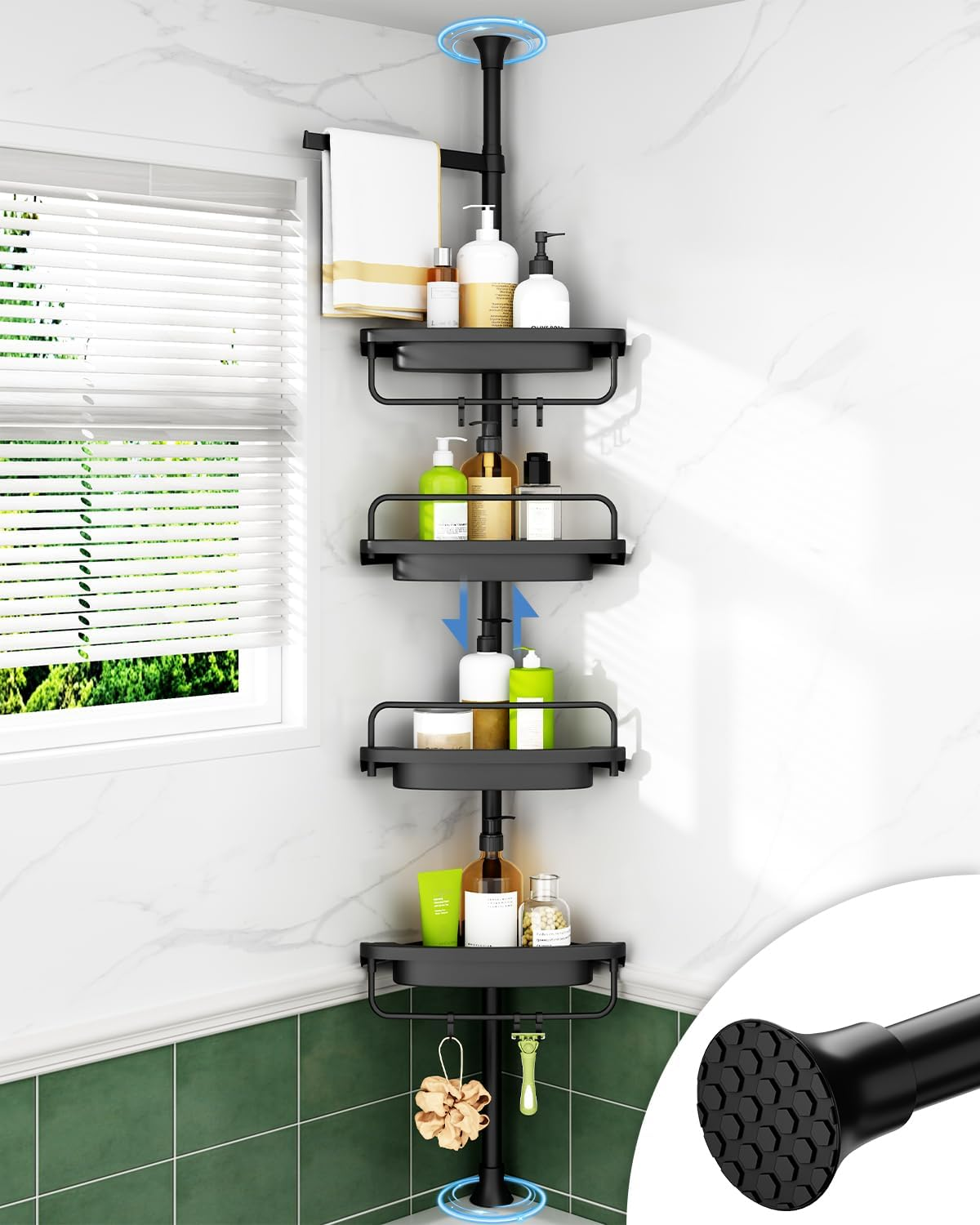 Corner Shower Caddy Tension Pole, Extendable Rustproof Stainless Steel Pole & 4-Tier Adjustable Shelves for Easy Drainage and Built-To-Last Stability, 34 to 116 Inches, Black