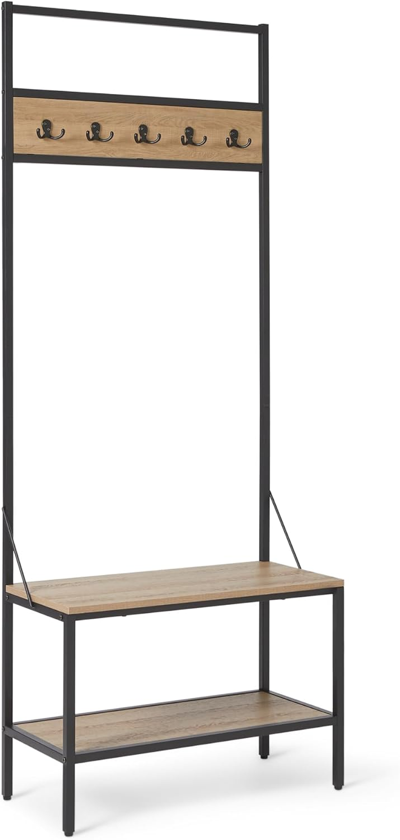 Entry Bench with Hooks, Hall Tree with Shoe Storage, Steel Frame, Oak Finish