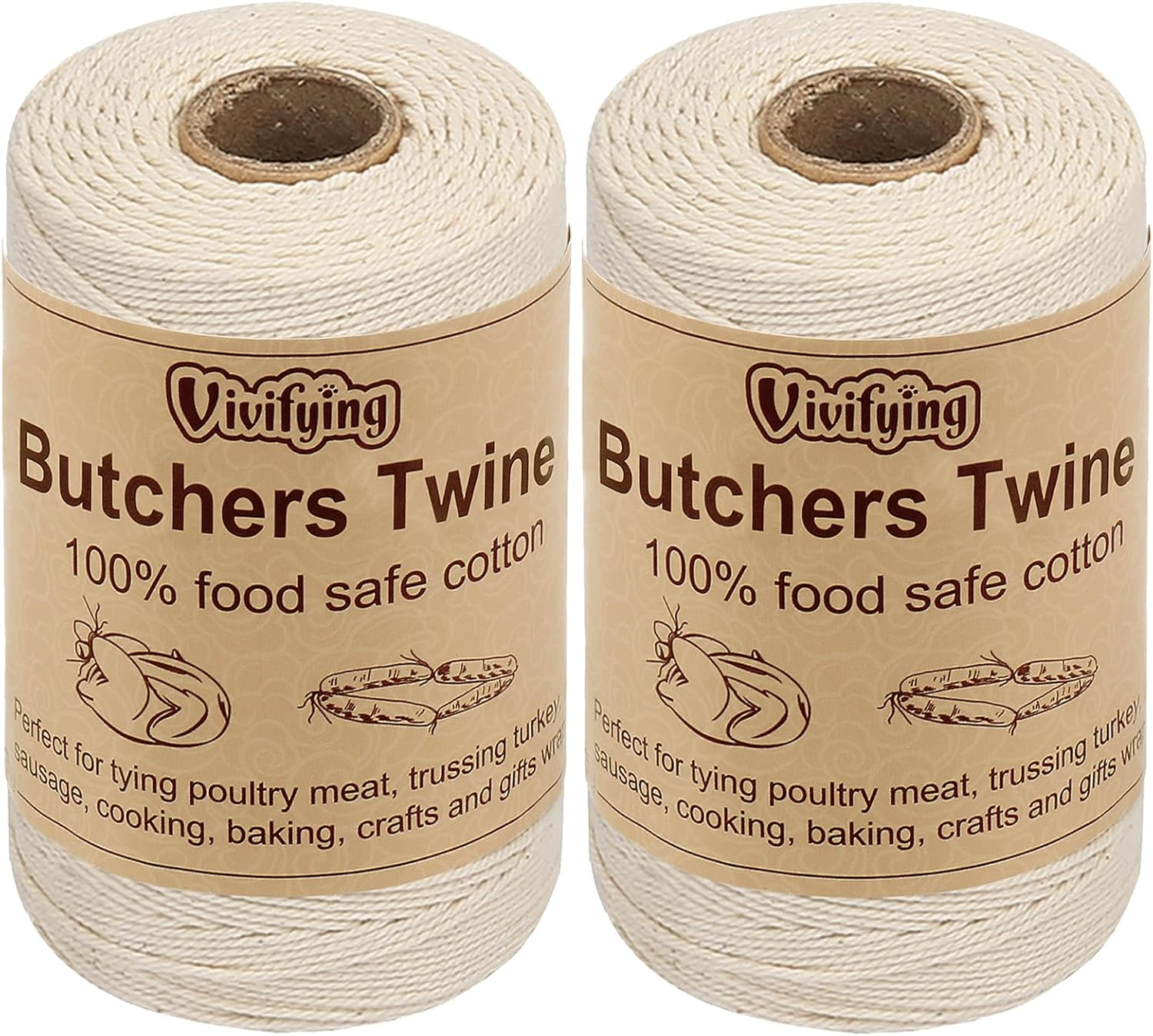 Vivifying Butchers Twine, 2Pcs X 656 Feet Food Safe Cotton Bakers Twine String 