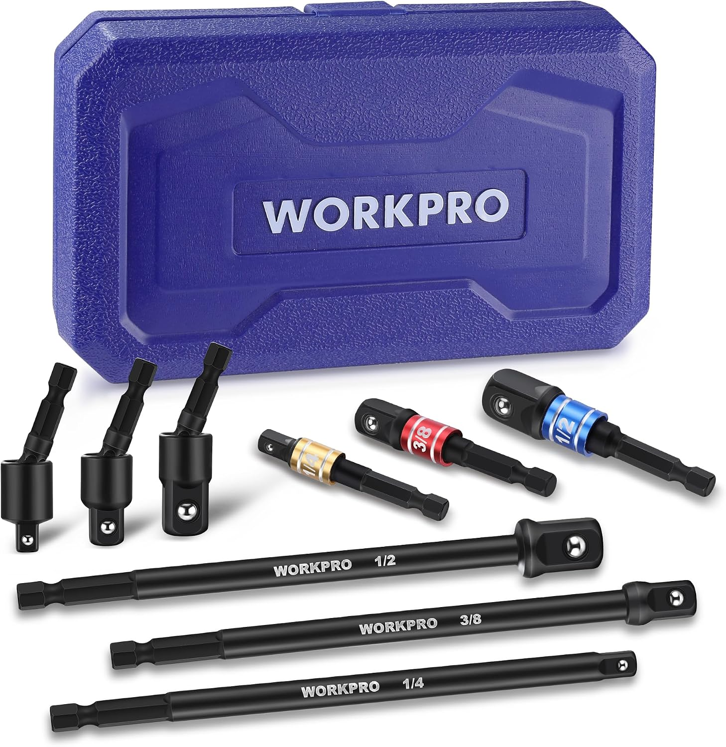 Juego de adaptadores de impacto 1/4 3/8 y 1/2 con estuche 9 piezas extensiones