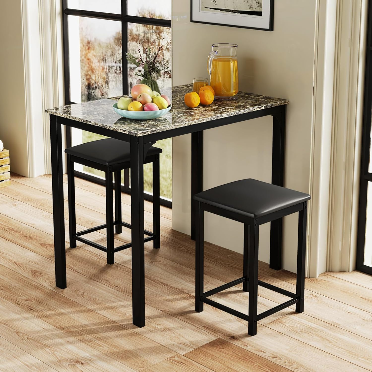 Small Dining Table for 2, Space Saving Dinette Set W/Counter Height Table & 2 Upholstered Bar Stools, Breakfast Nook Table Set, 3-Piece Kitchen Table Chairs Set for 2 for Dorm (Mixed Black)