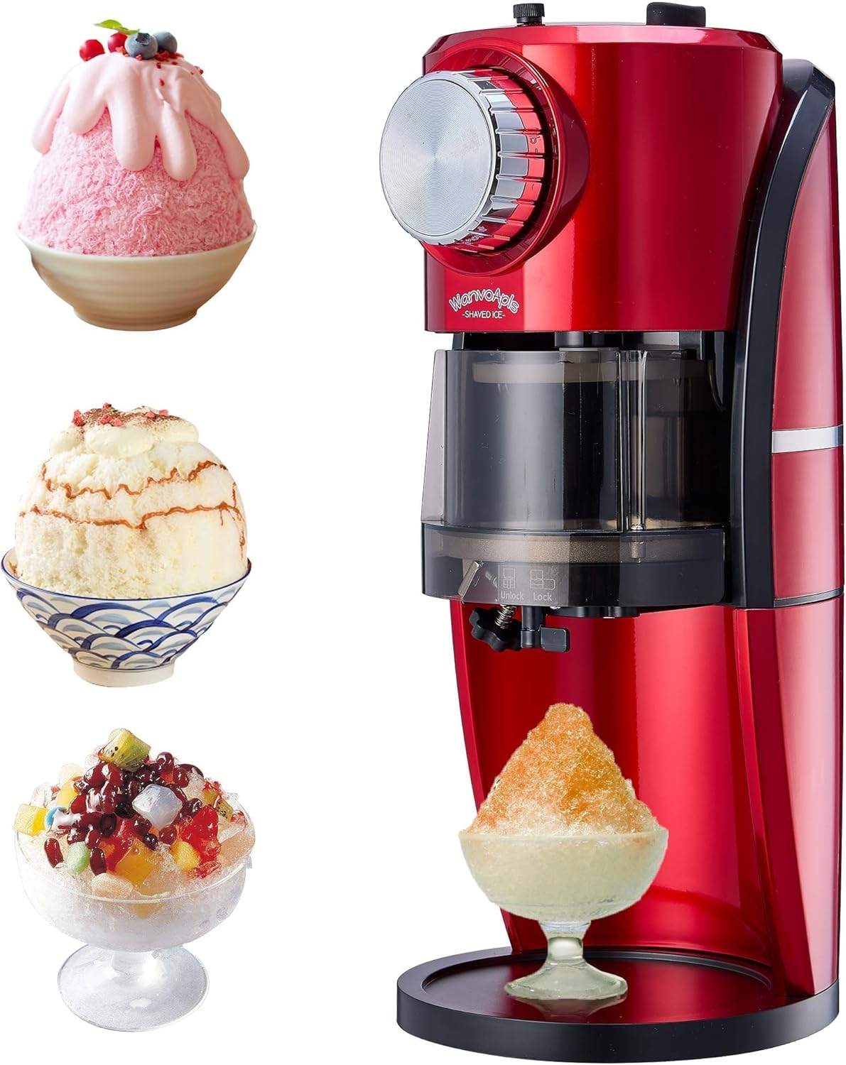 Shaved Ice Machine - Snow Cone Machine for Homemade Shaved Ice, Snow Cones, Slushie Ice Shaver with Stainless Steel Blade Adjustment Knob, 2 Reusable Ice Mold Cup for Snowflakes - Retro Red