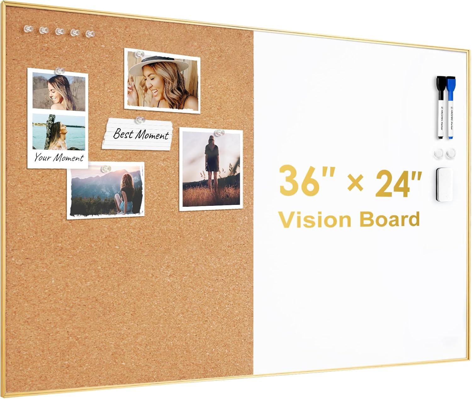 Cork Board White Board Combo, 36 X 24 Inch Bulletin Board-Gold Frame, Magnetic Dry Erase Board & Corkboard for Wall, Vision Board for Home, Office, School