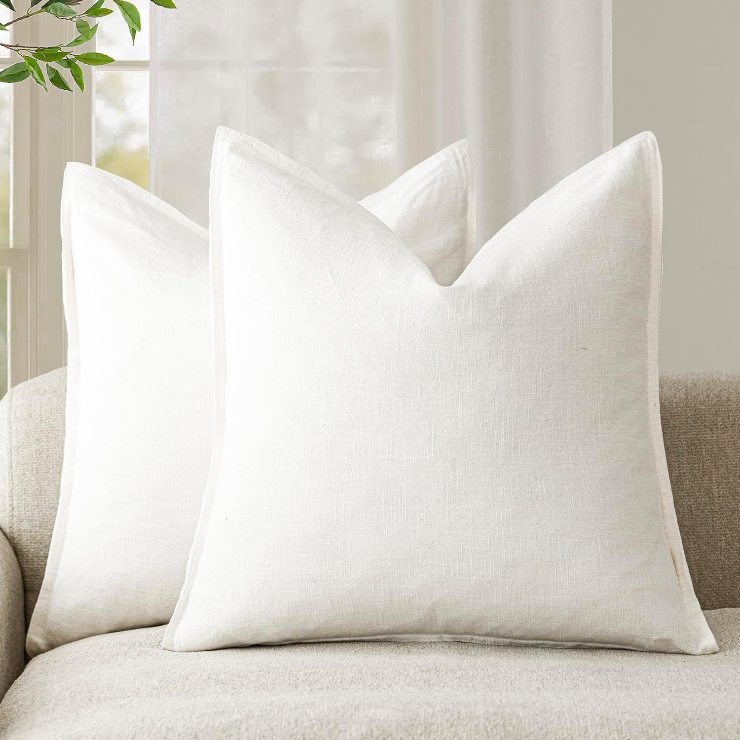 Pack of 2, Decorative Linen Soild Throw Pillow Covers Soft Accent Cushion Case Boho Farmhouse Neutral Pillowcase for Chair Couch Sofa Bedroom Living Room Home Decor 26 x 26 Inch Cream White