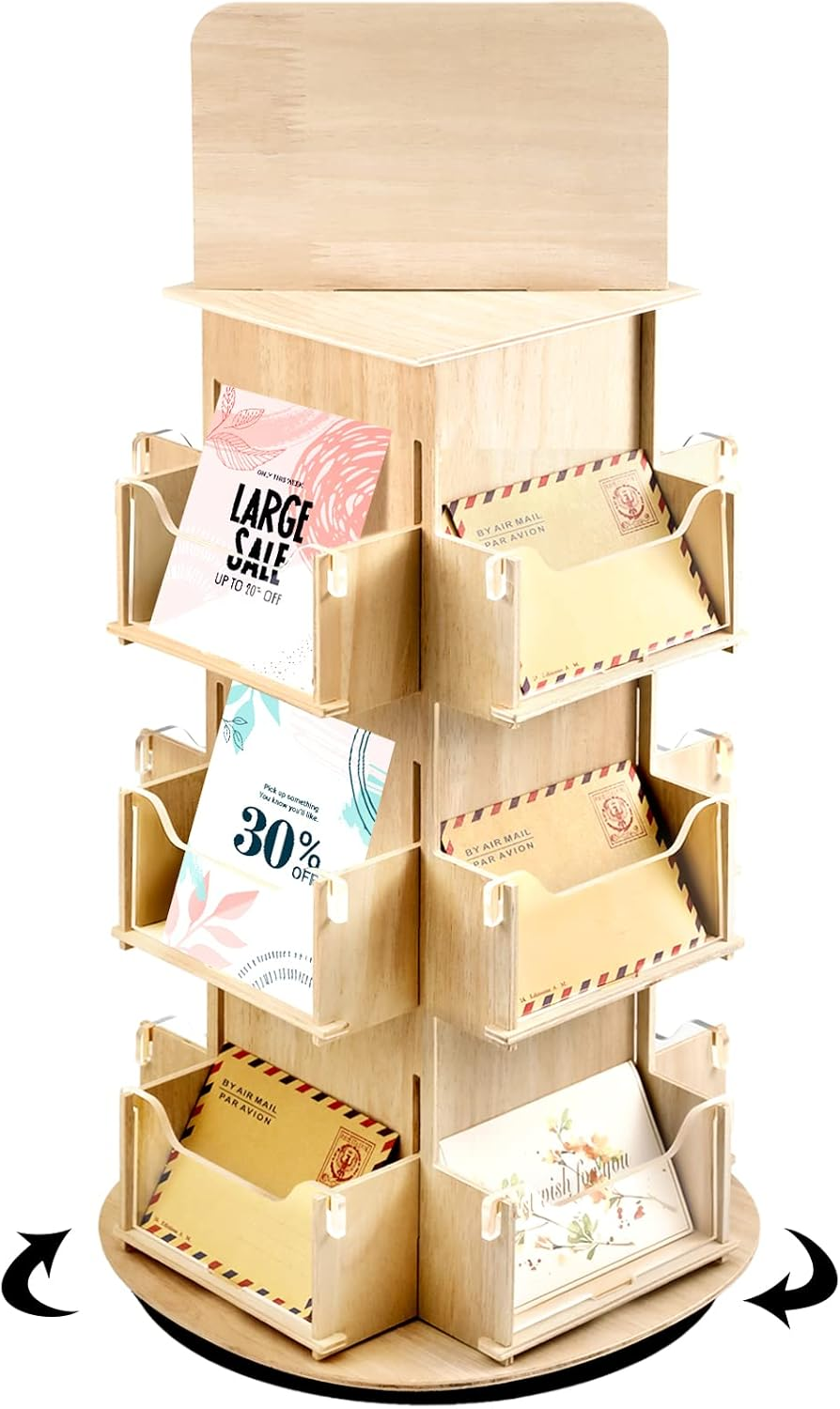 Rotating Display Stand 3 Tier Rotating Sticker Display Stand Wooden Greeting Card Stand Multi Pocket Photo Holders Stand for Retail Craft Showcase(Wood)