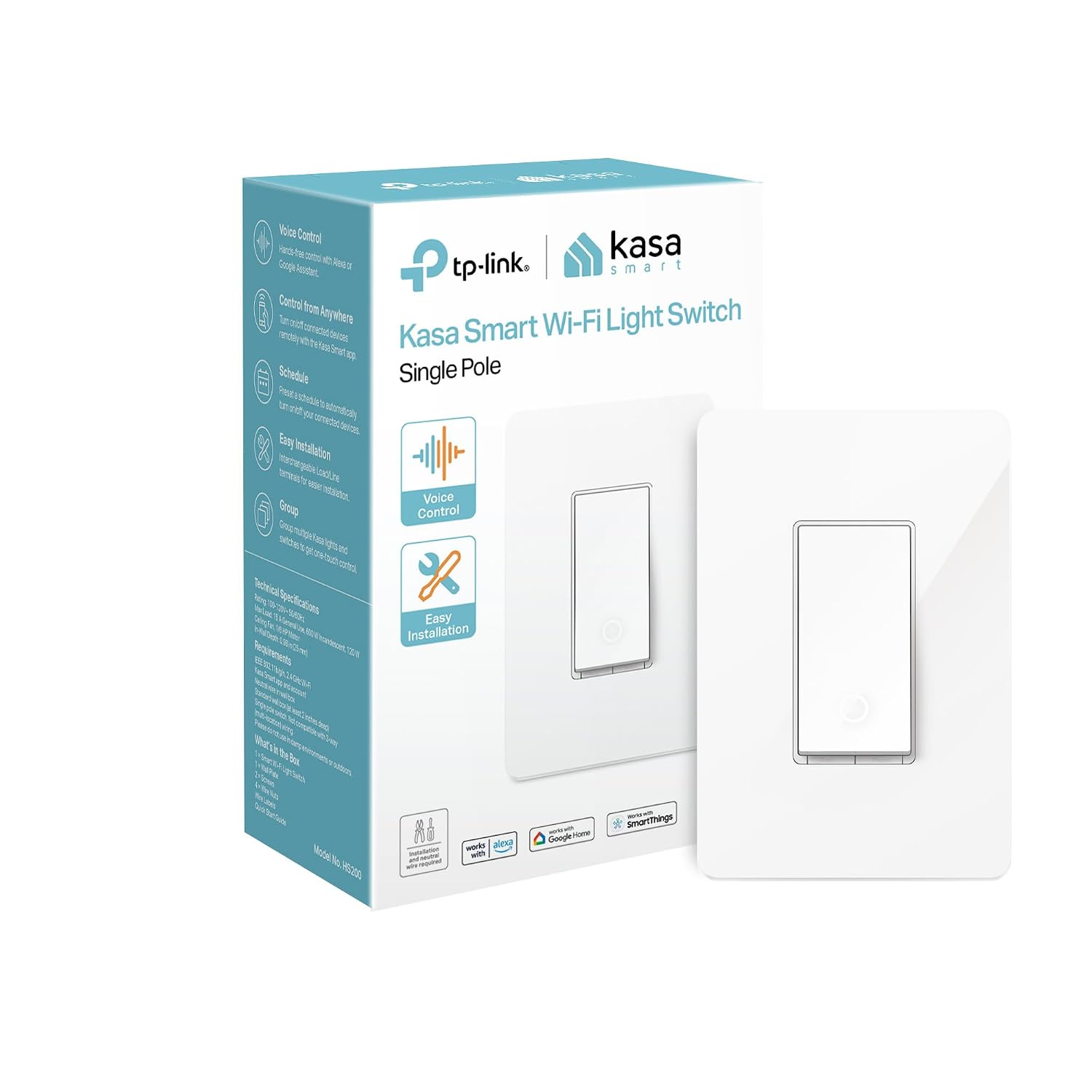 Light Switch HS200, Single Pole, Needs Neutral Wire, 2.4GHz Wi-Fi Light Switch Works with Alexa and Google Home, UL Certified, No Hub Required, White ( Packaging May Vary )