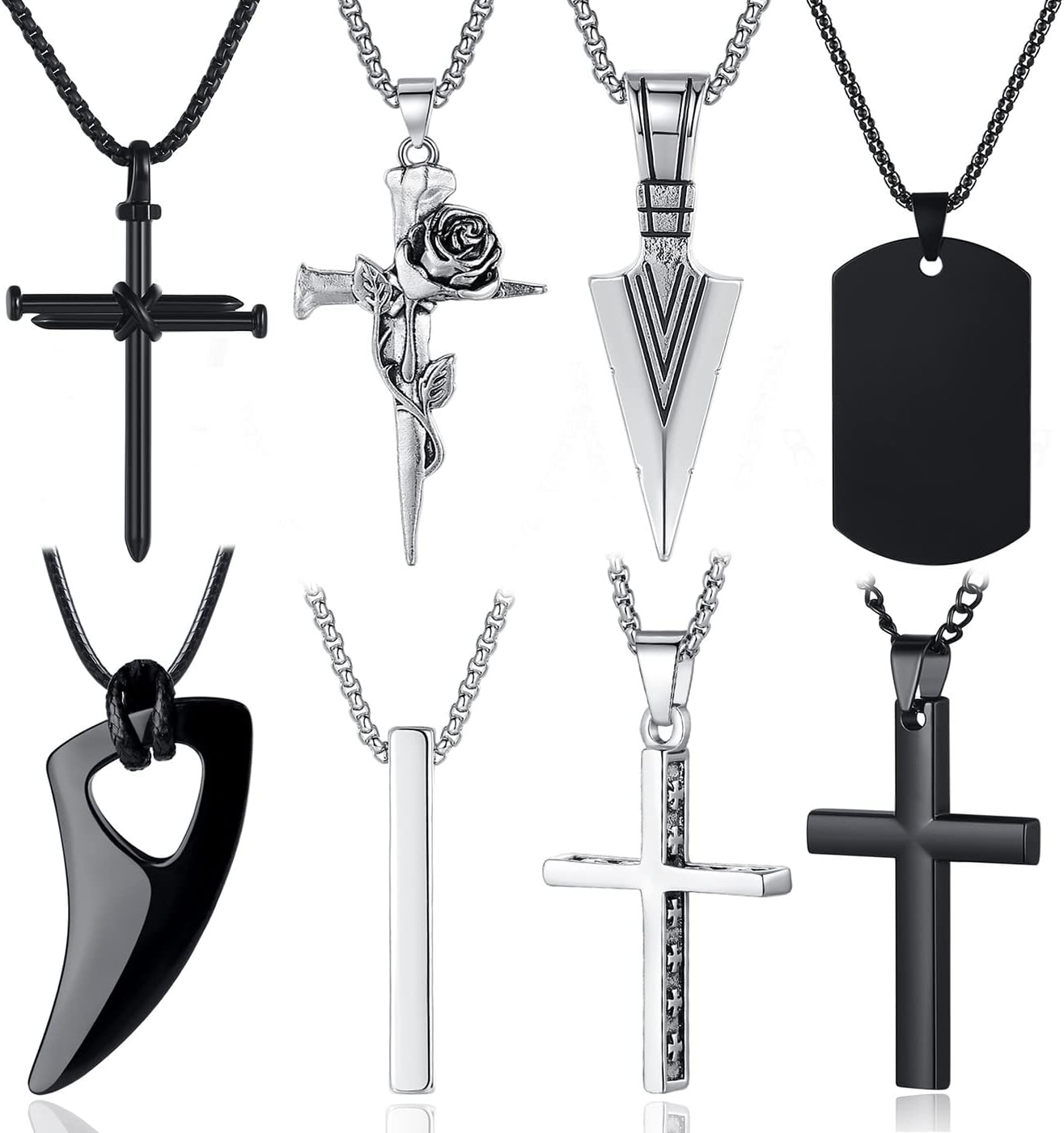 8 Pcs Necklace for Men, Mens Necklaces Jewelry Set, Black and Silver Stainless Steel Necklace, Cross Pendant Necklace, 16-24 Inches Chain