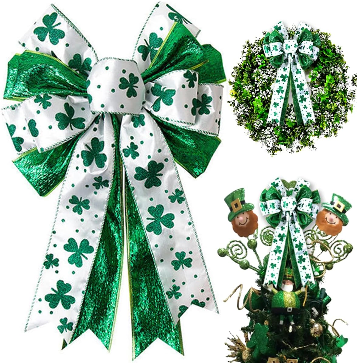 St Patricks Day Bow for Wreath Decorations,11.4 * 19.6in Large White Green Glitter Shamrock Bowknot Irish Holiday Crafts Bows for Tree Topper Front Door Outdoor Outside