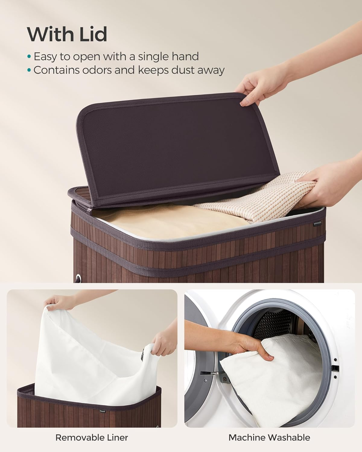 SONGMICS Laundry Hamper with Lid, Bamboo Laundry Basket, Removable Machine Wa... - Picture 4 of 13