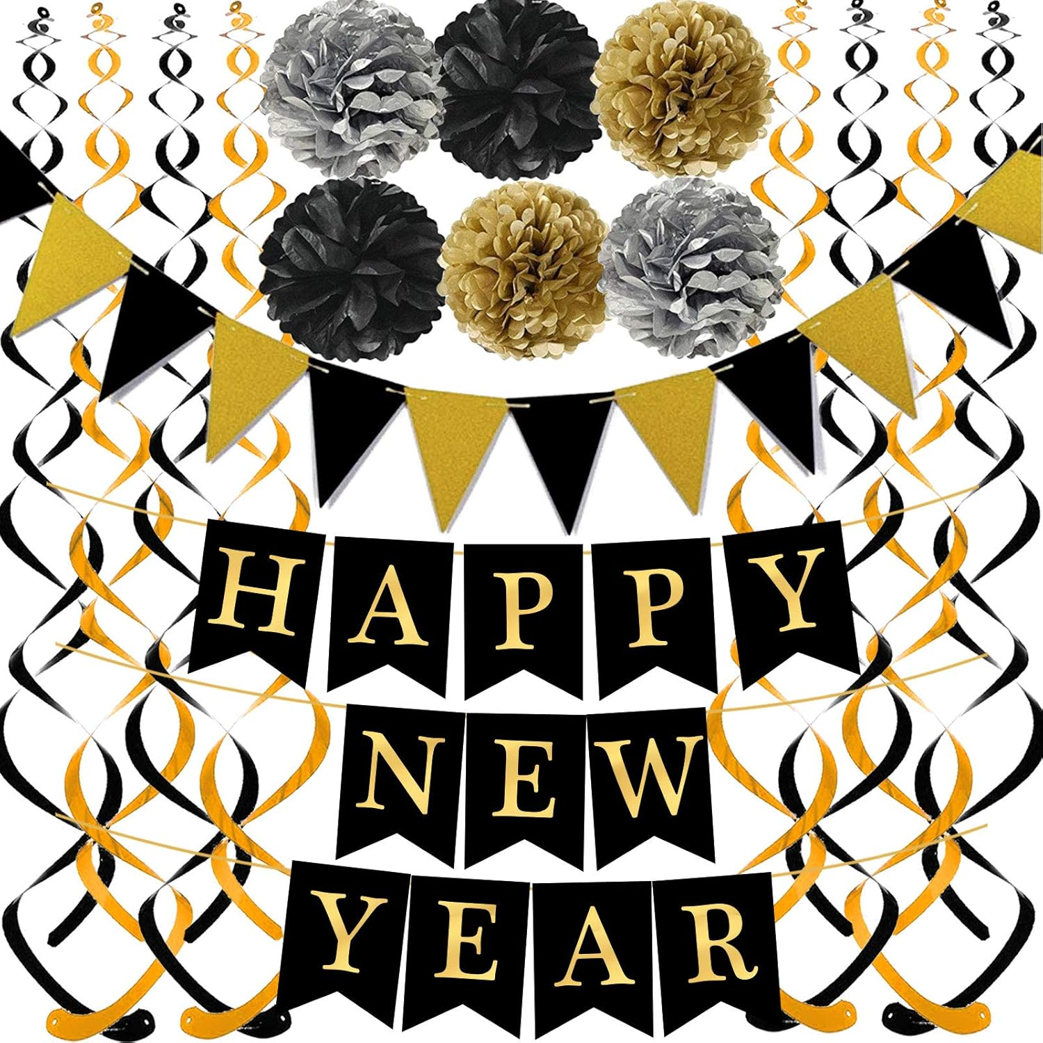 Black Happy New Year with Gold Black Paper Flag Bunting Swirl Streamers & Pom Poms for New Year Party Decorations