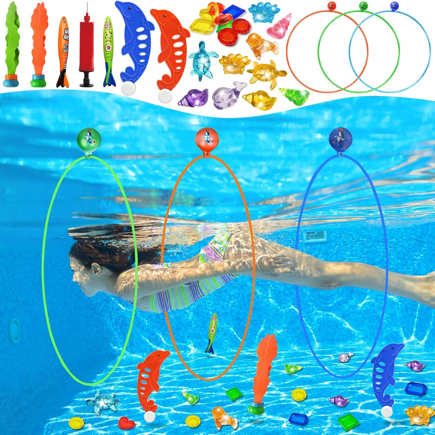 Pool Toys Diving Rings - 28PCS Swim Thru Rings Pool Game Diving Toys with Dive Ring Underwater Treasures Torpedo Bandits Fish Toy Fun Water Swimming Toy for Boys Girls Kids Teens Adults