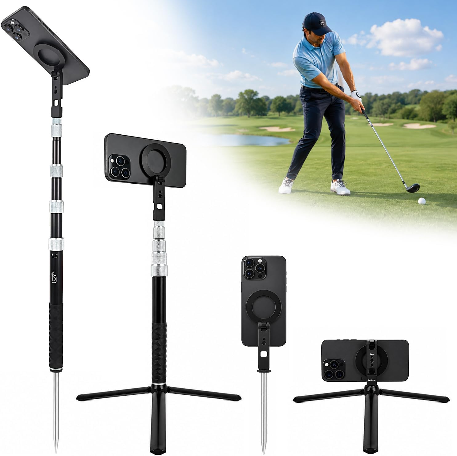 Soporte para telefono de golf de aluminio con tripode y monopie de 47 pulgadas