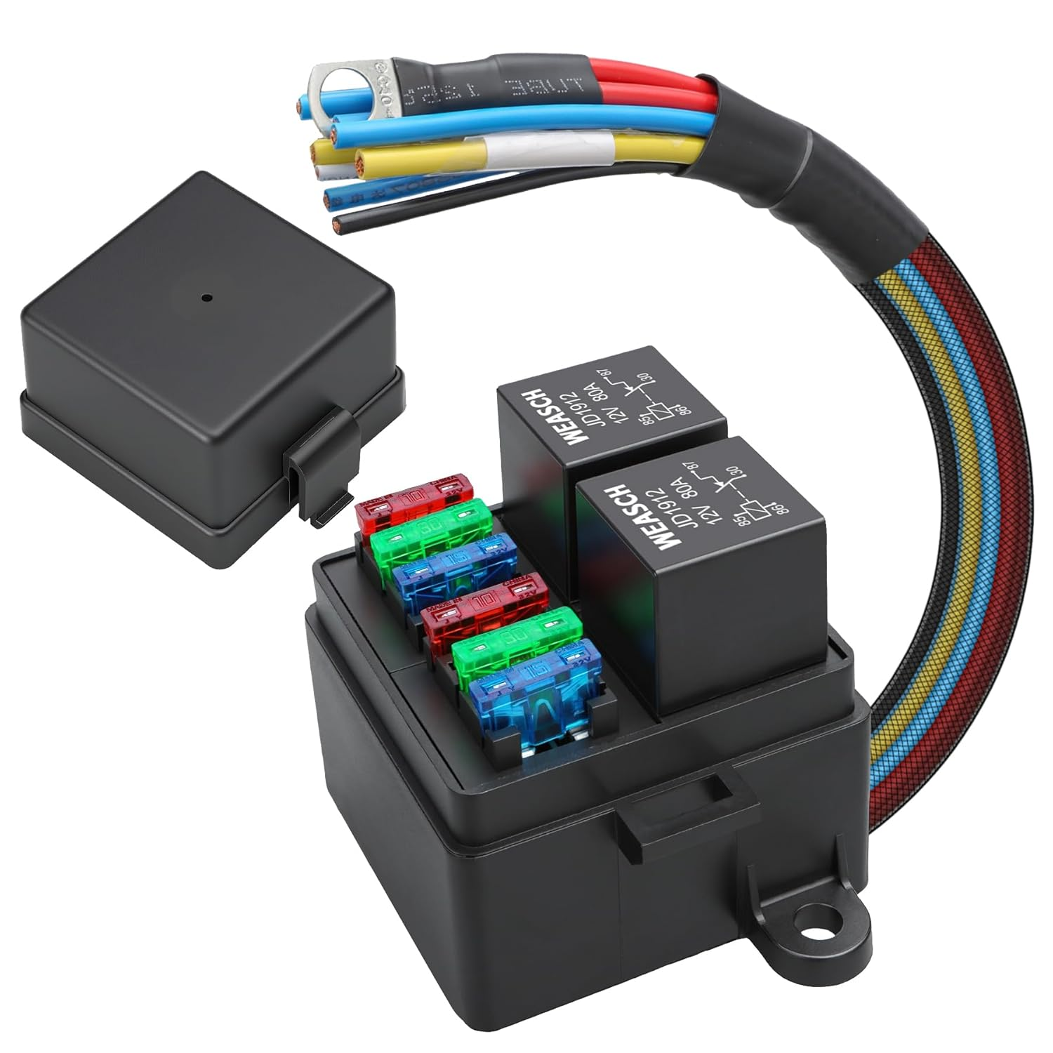 12V Pre-Wired Fuse Relay Box, 4-Pin 80A Relay Block and Kit, 2 Relays and 6 ATC/ATO Blade Fuses, for Cars Truck Marine Boat Jeep