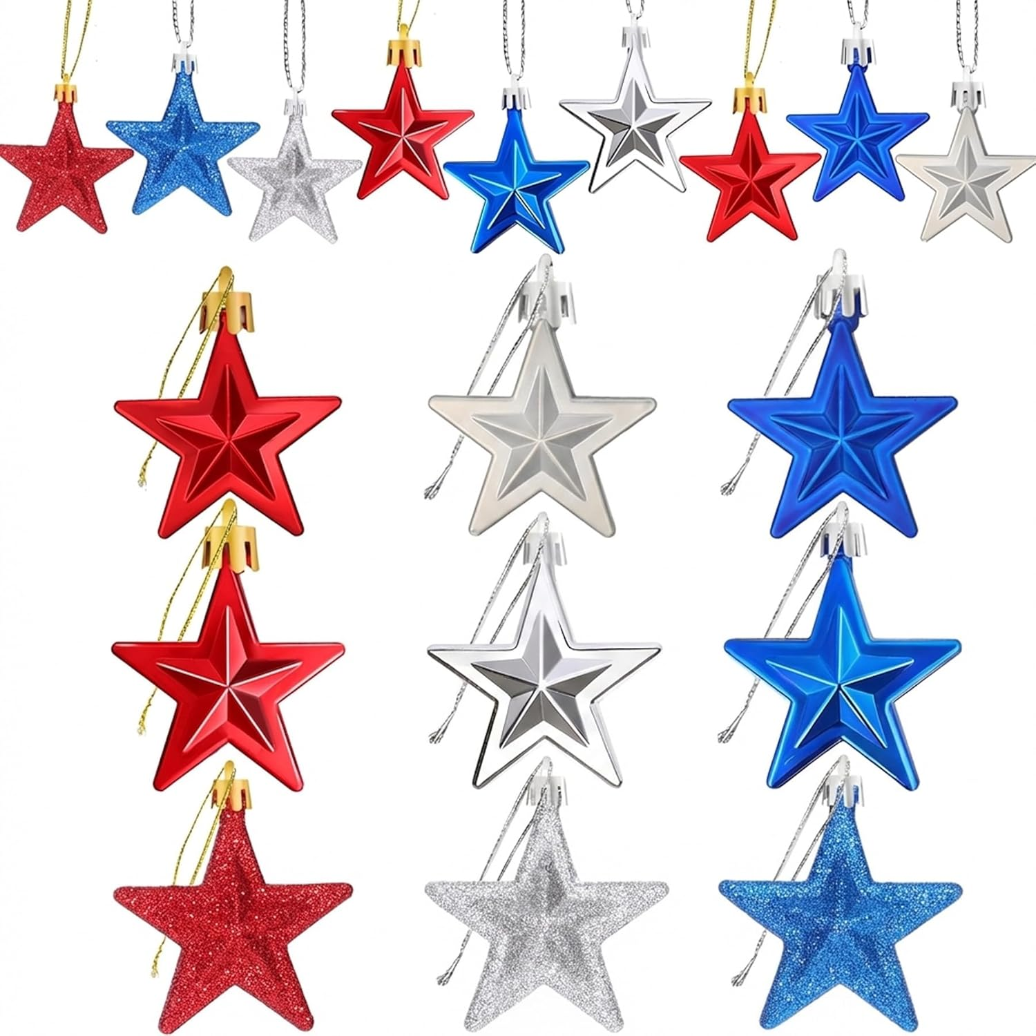 24 Pcs 4Th of July Patriotic Star Ornaments, Mini Red Blue Silver Glitter Hanging Tree Decorations for Independence Day 250Th Anniversary Memorial Day Veterans Day Christmas Tree Decor