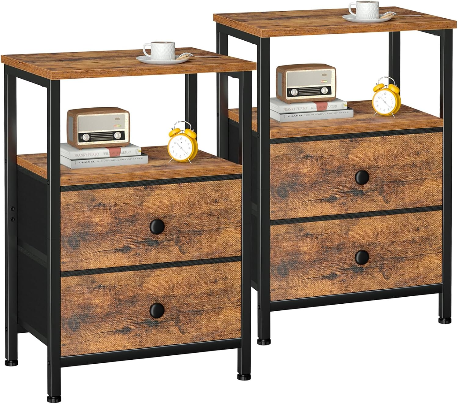 Night Stand Set 2, Bed Side Table with 2 Fabric Drawers, Nightstand with Open Storage Shelf for Bedroom, Small End Tables Living Room, Rustic Brown, HETS002BR